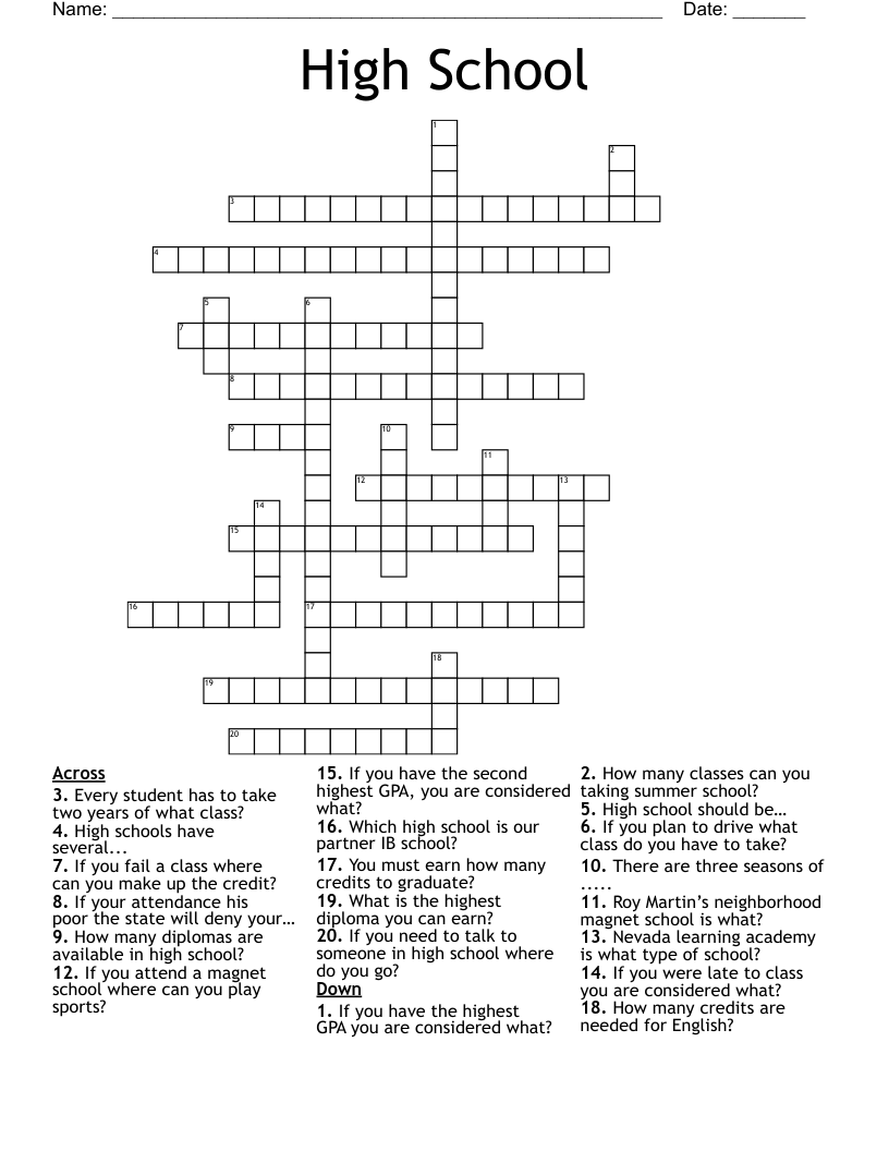 Free Printable Crossword Puzzles For High School English Download 