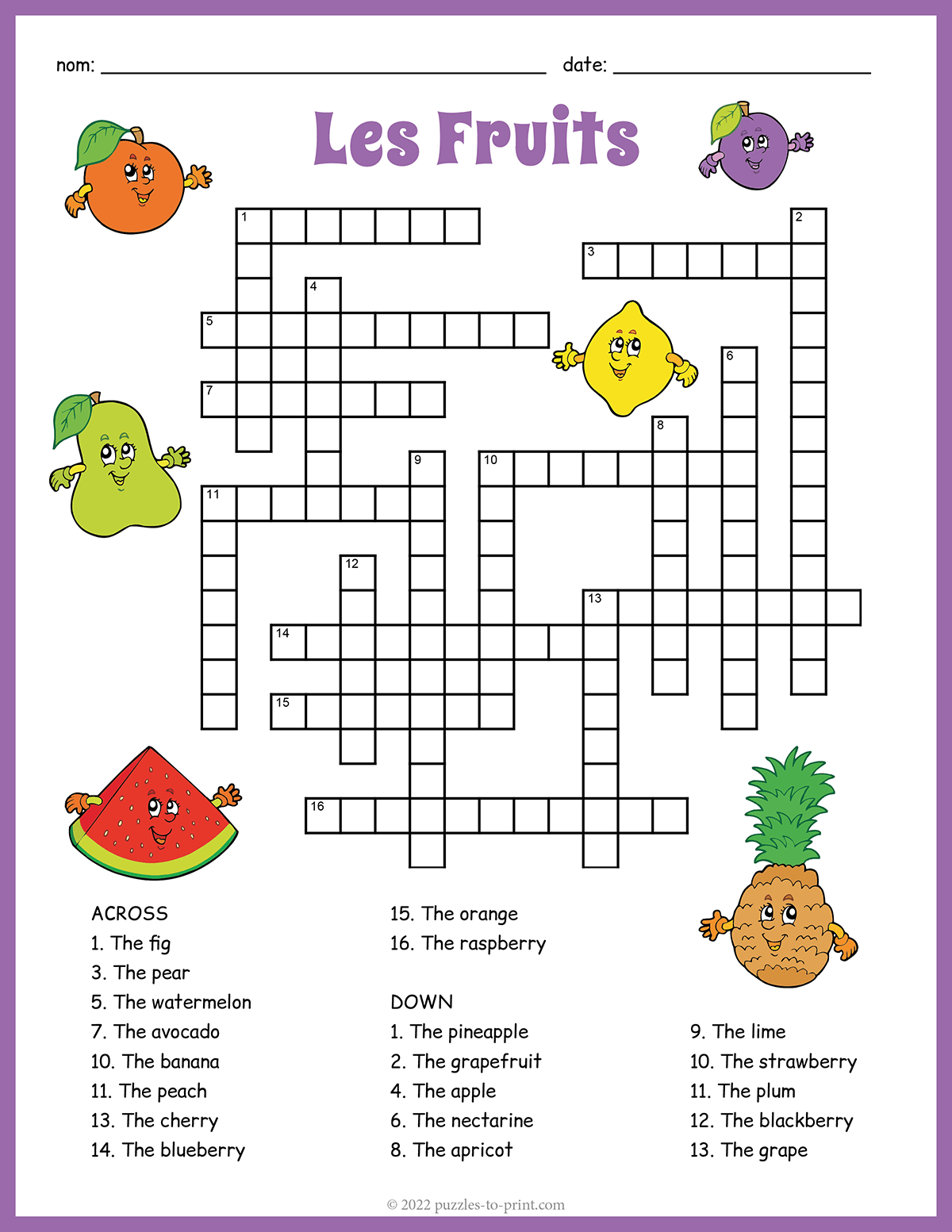 French 1 Crossword Printable