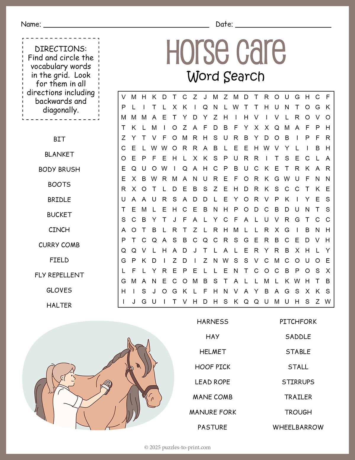 free printable horse care word search