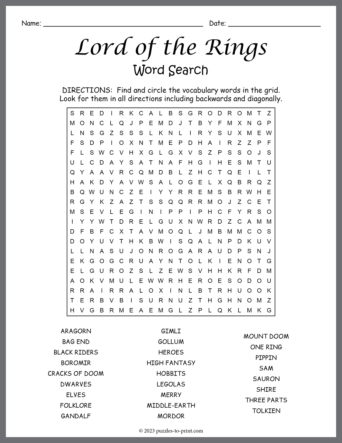 Lotr Crossword Puzzles Printable