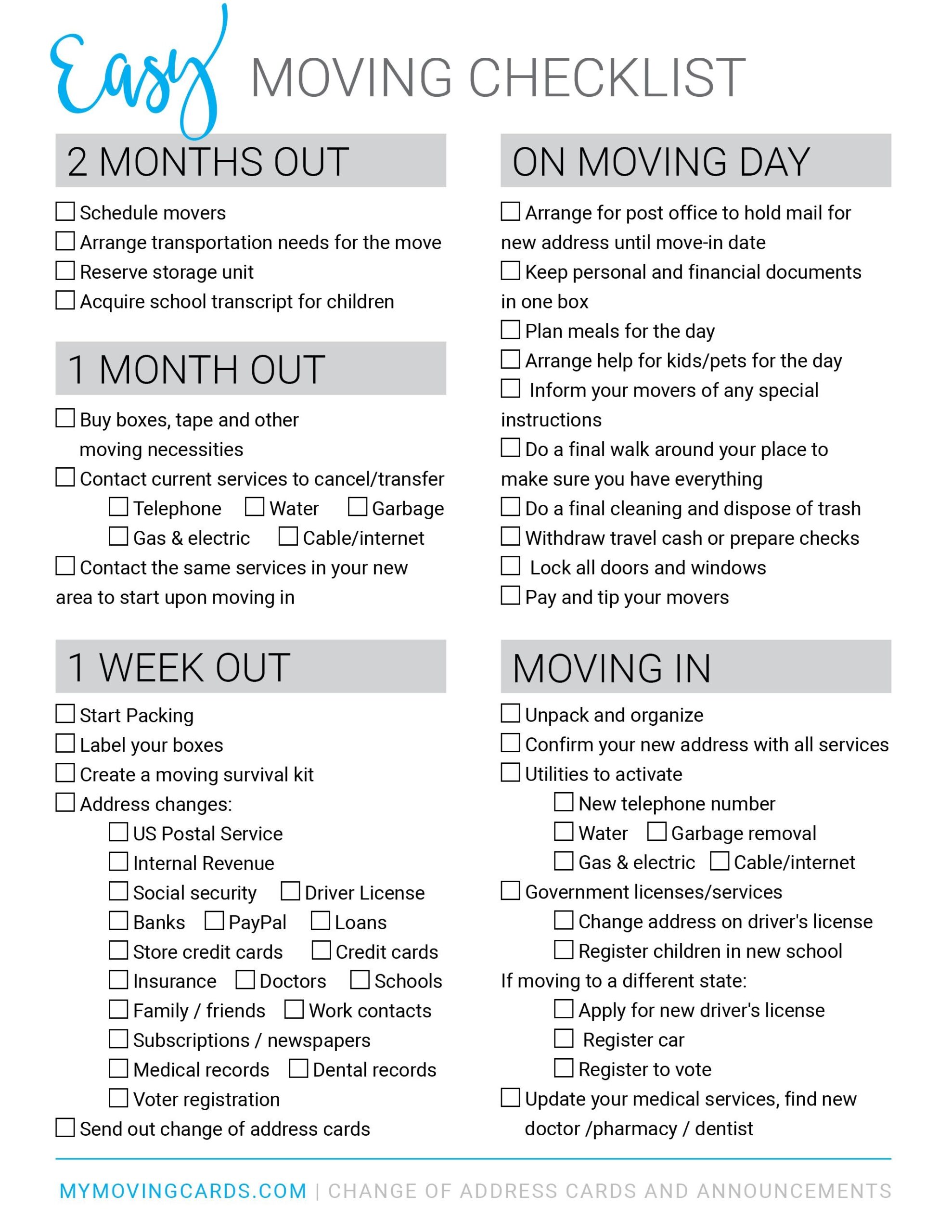Free Printable Moving Checklist Personalized Moving Cards 