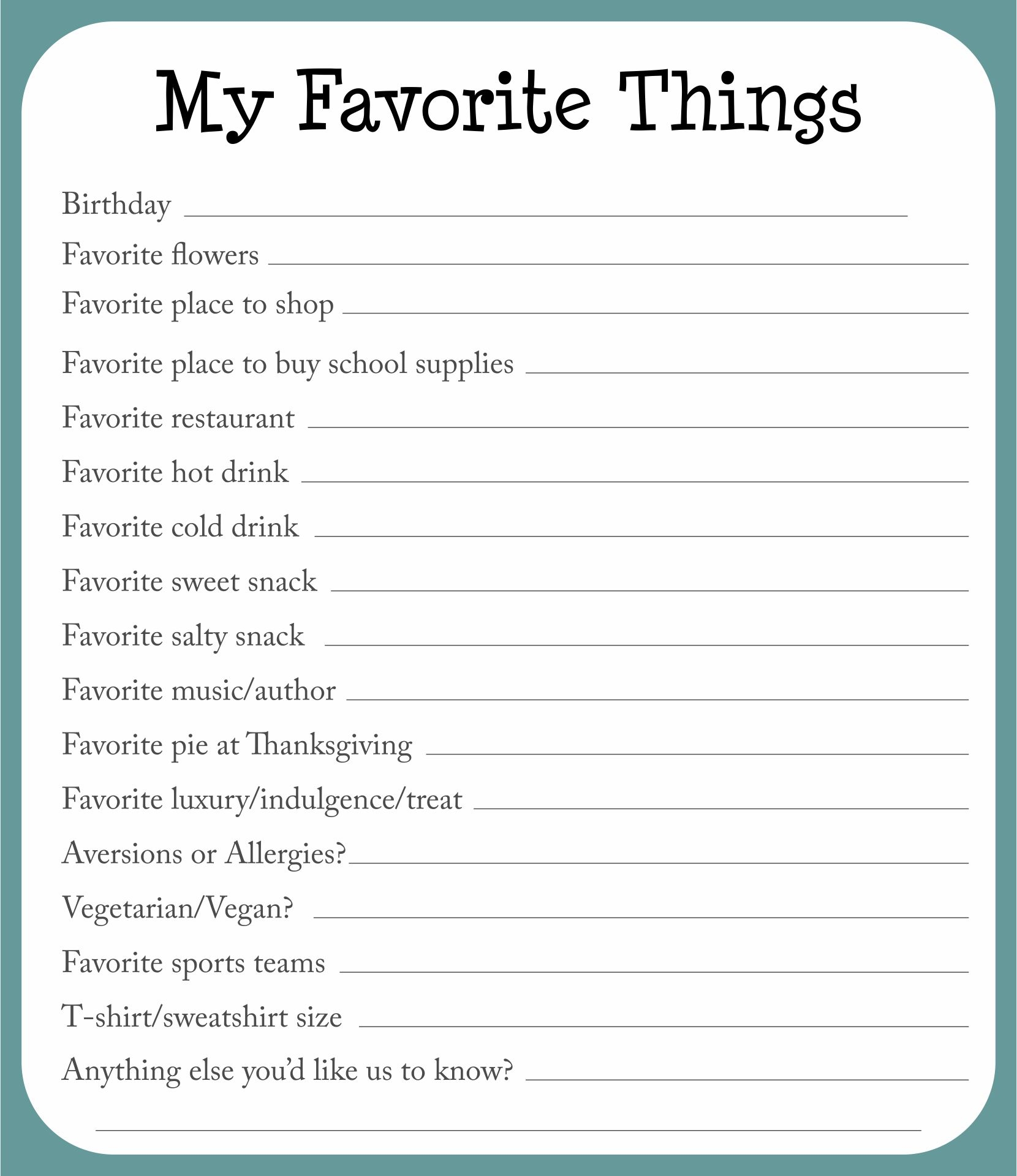 Free Printable My Favorite Things Worksheets For Students 