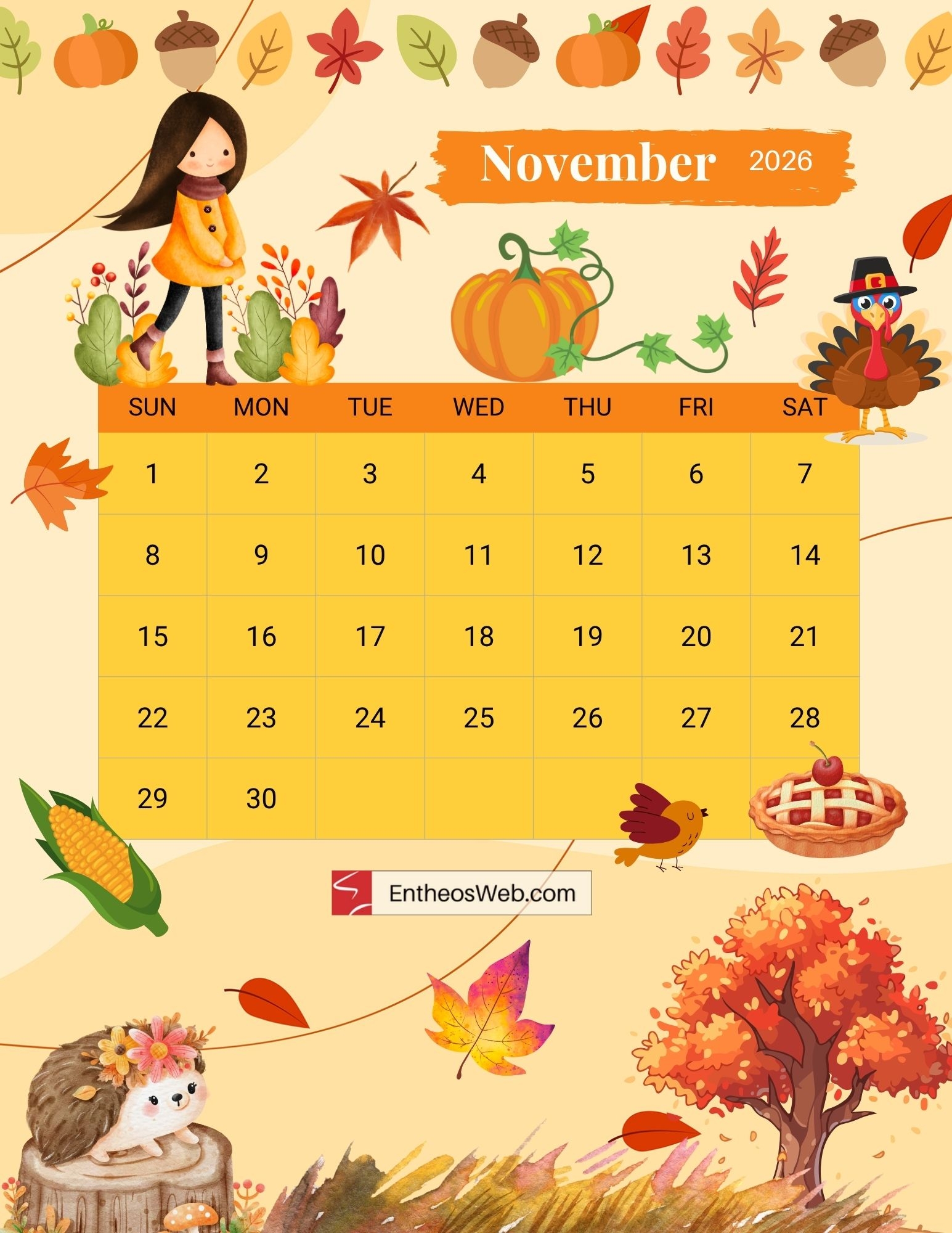 Printable November Calendars 2026 With Leaves