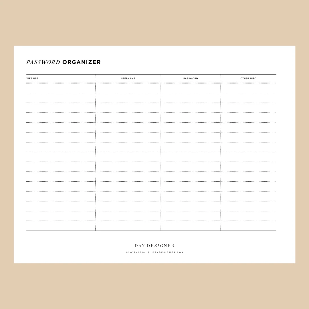 Free Printable Password Log Day Designer