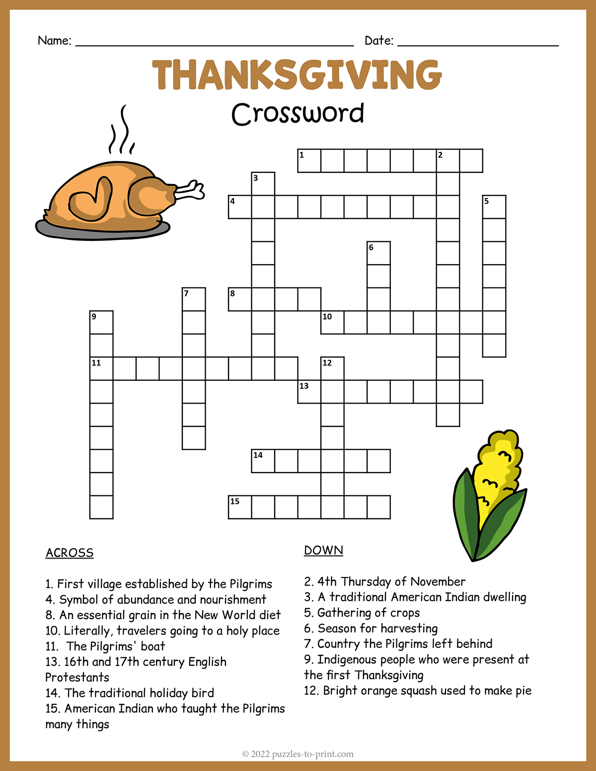 Thanksgiving Crossword Puzzle Printable Adult