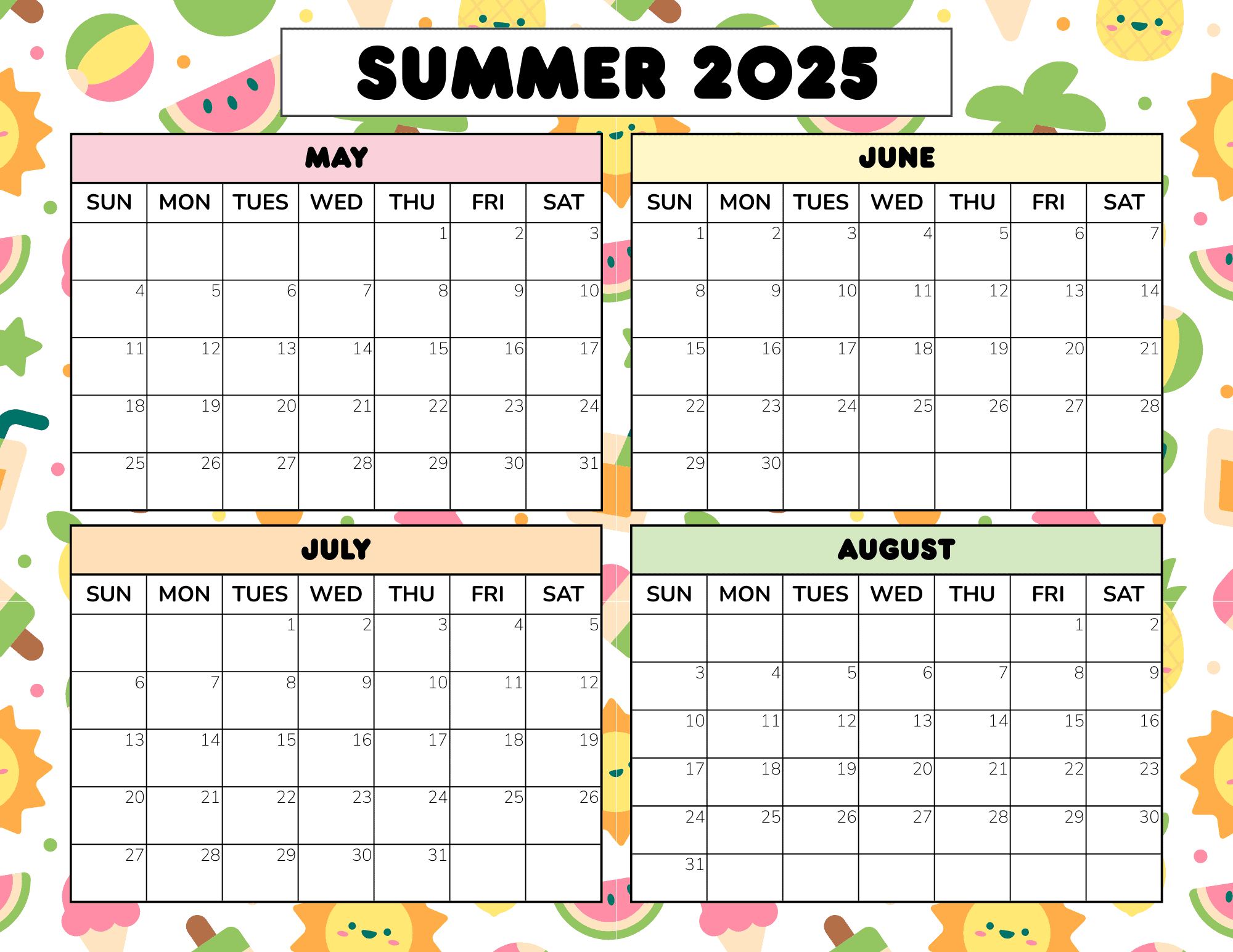 Blank Summer 2025 Calendar Printable
