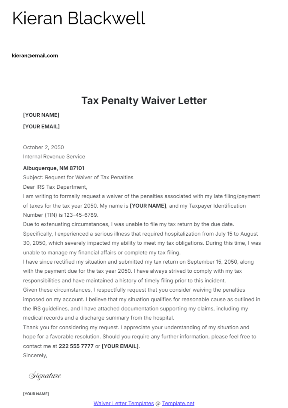 Free Tax Penalty Waiver Letter Template To Edit Online