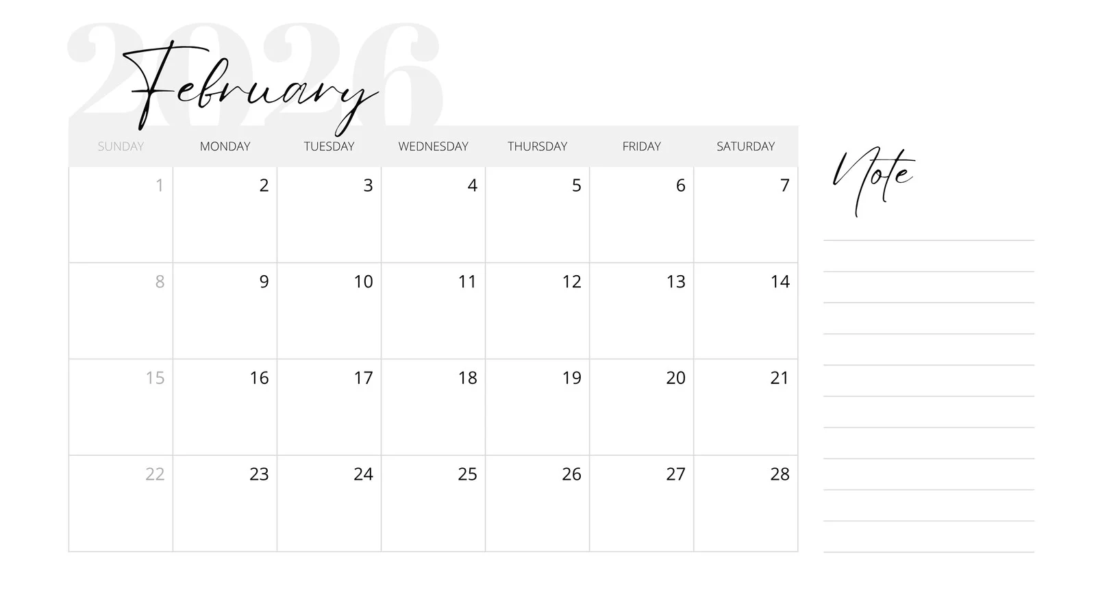 Blank Printable February 2026 Calendar