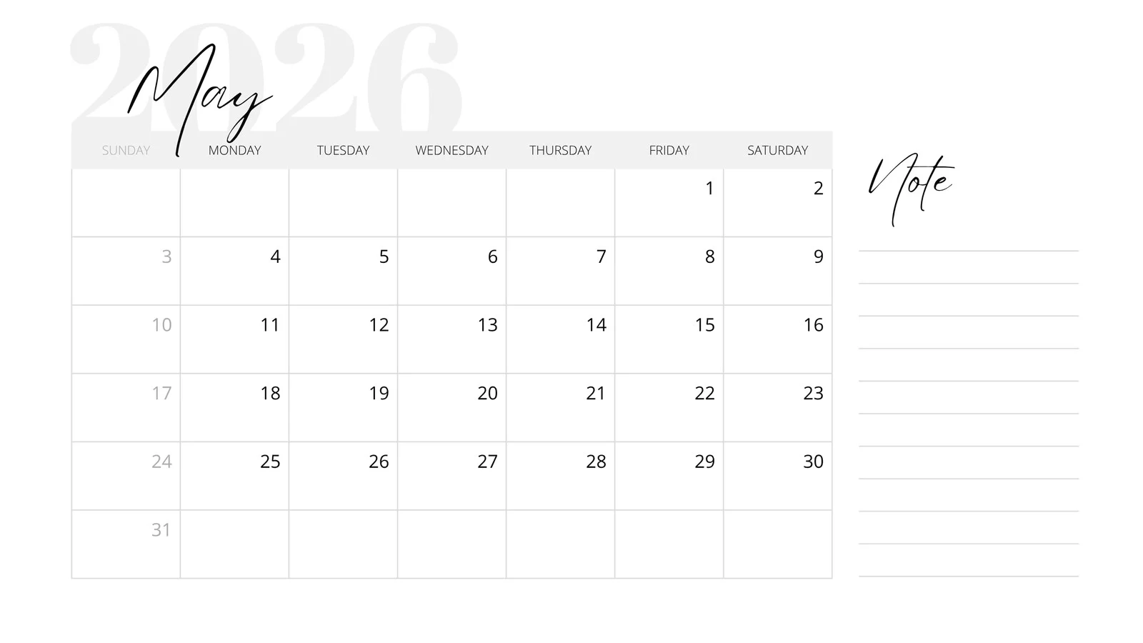 Blank Monthly Calendar May2026 Printable