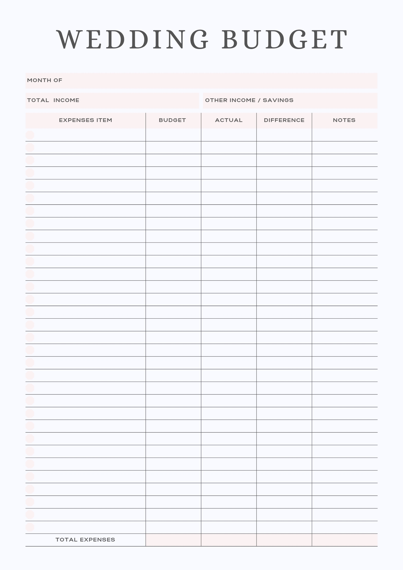 Printable Wedding Budget Template
