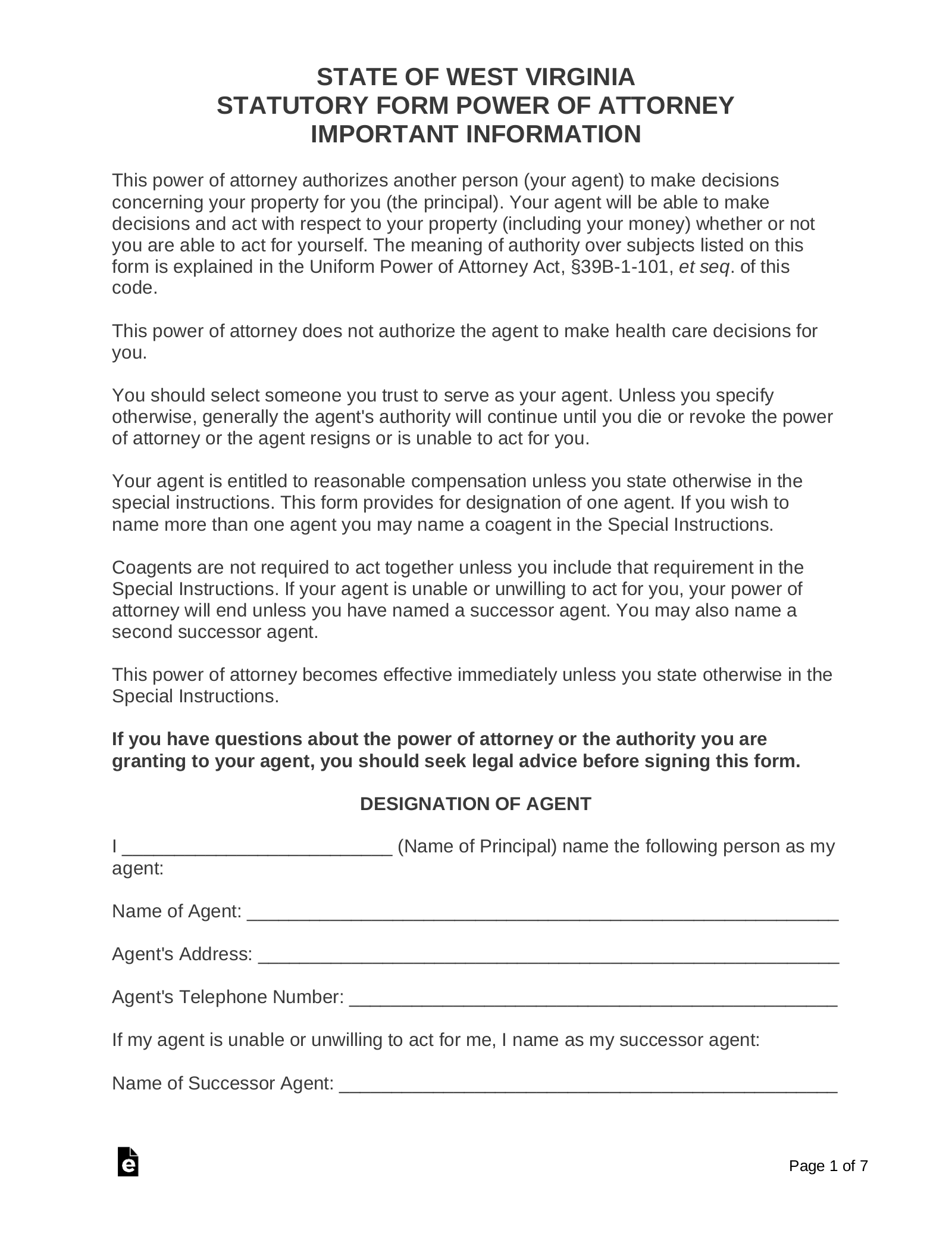 Free West Virginia Durable Statutory Power Of Attorney Form 