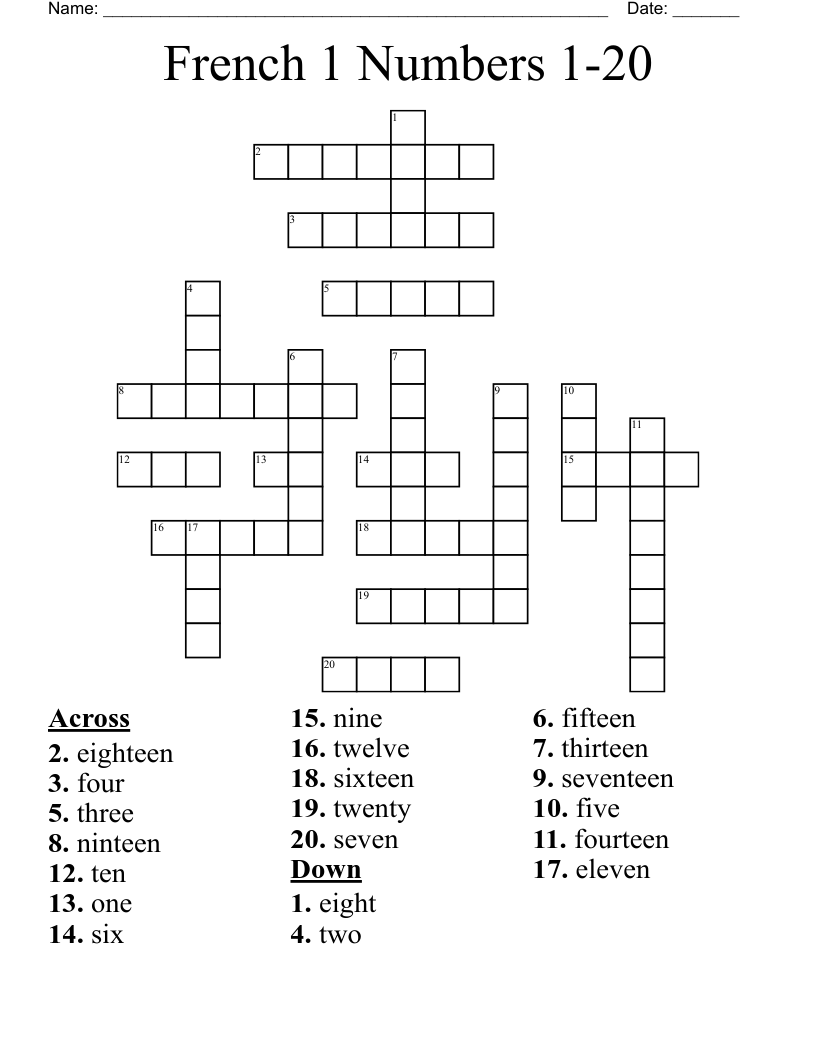 French 1 Numbers 1 20 Crossword WordMint