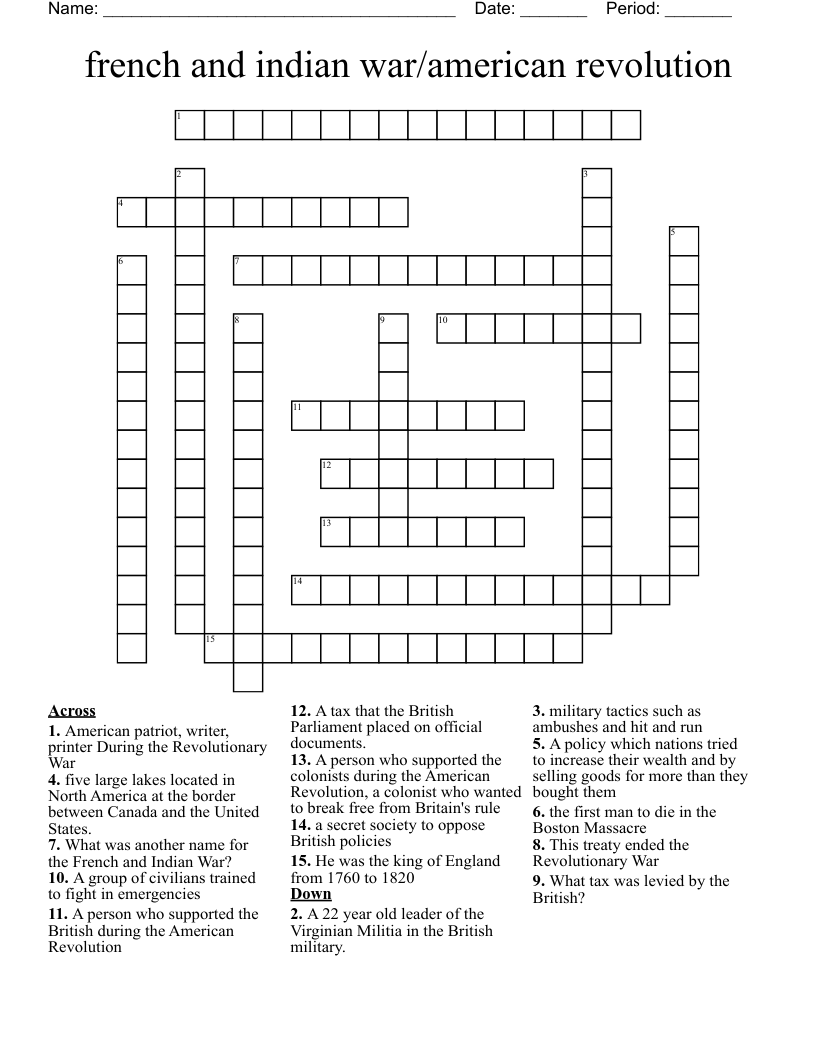 French And Indian War american Revolution Crossword WordMint