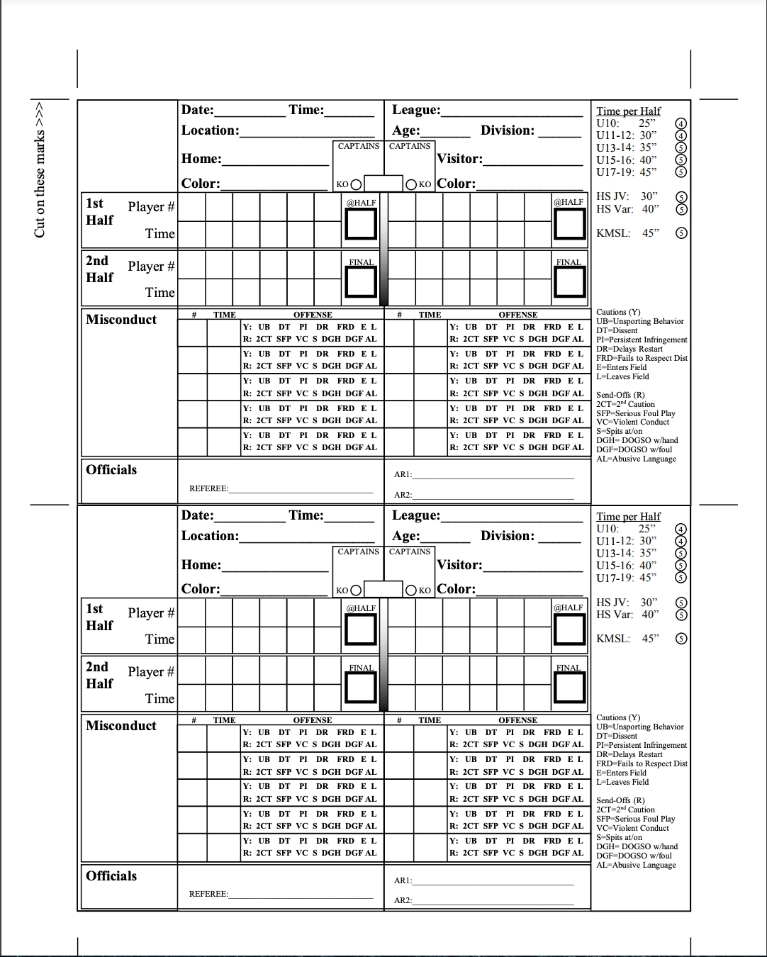 Printable Football Referee Game Card Template
