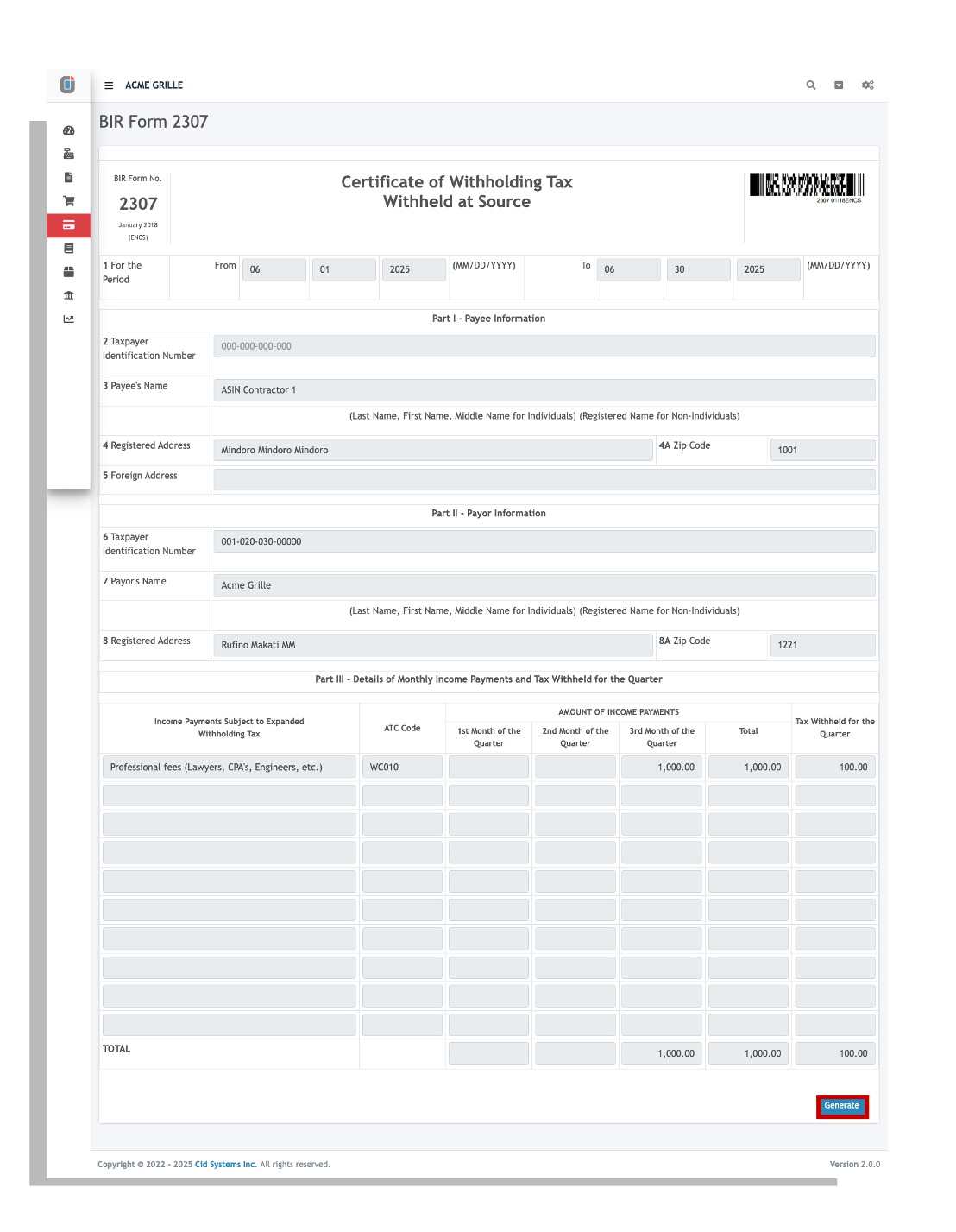 Generating BIR Form 2307 Oojeema