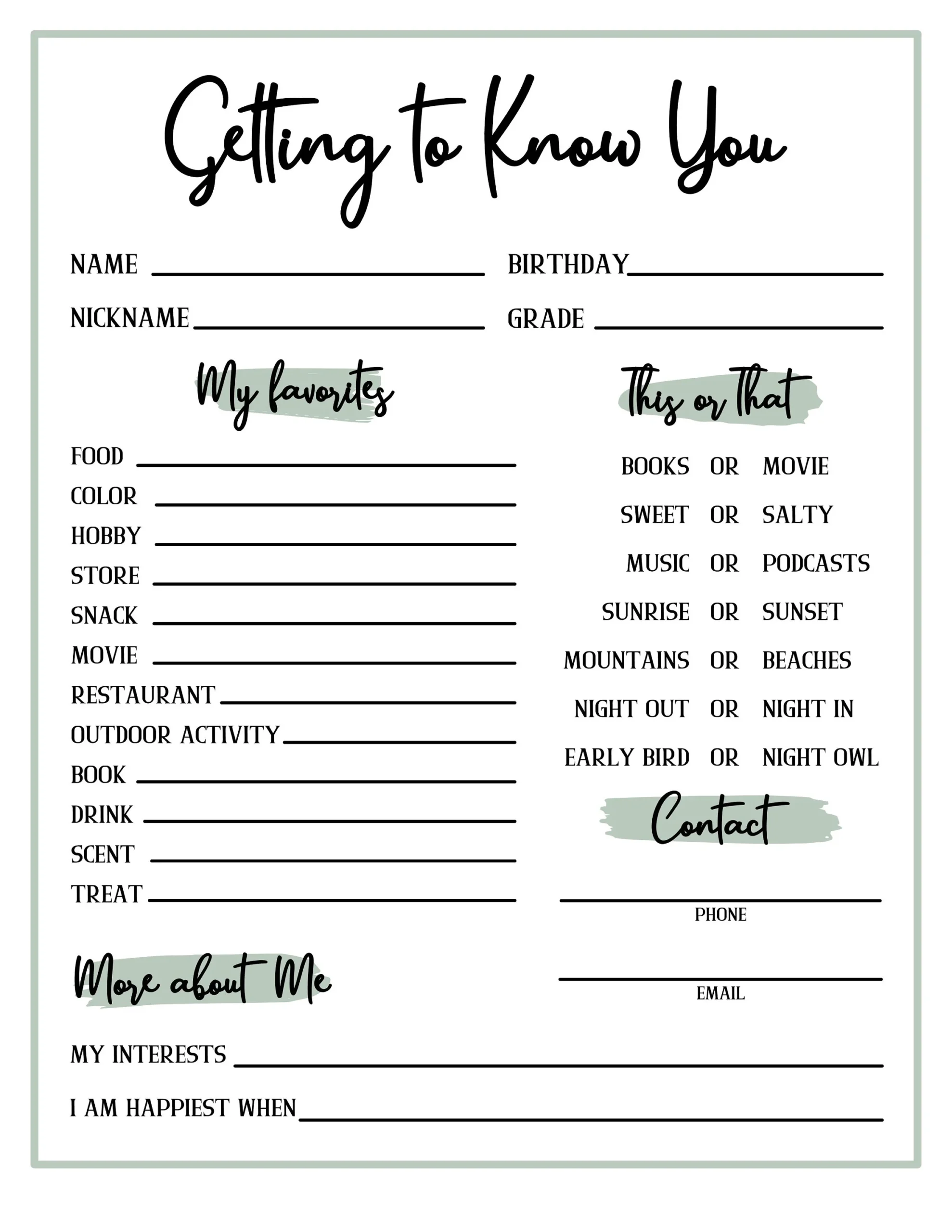 Get To Know You Worksheet Free Printable