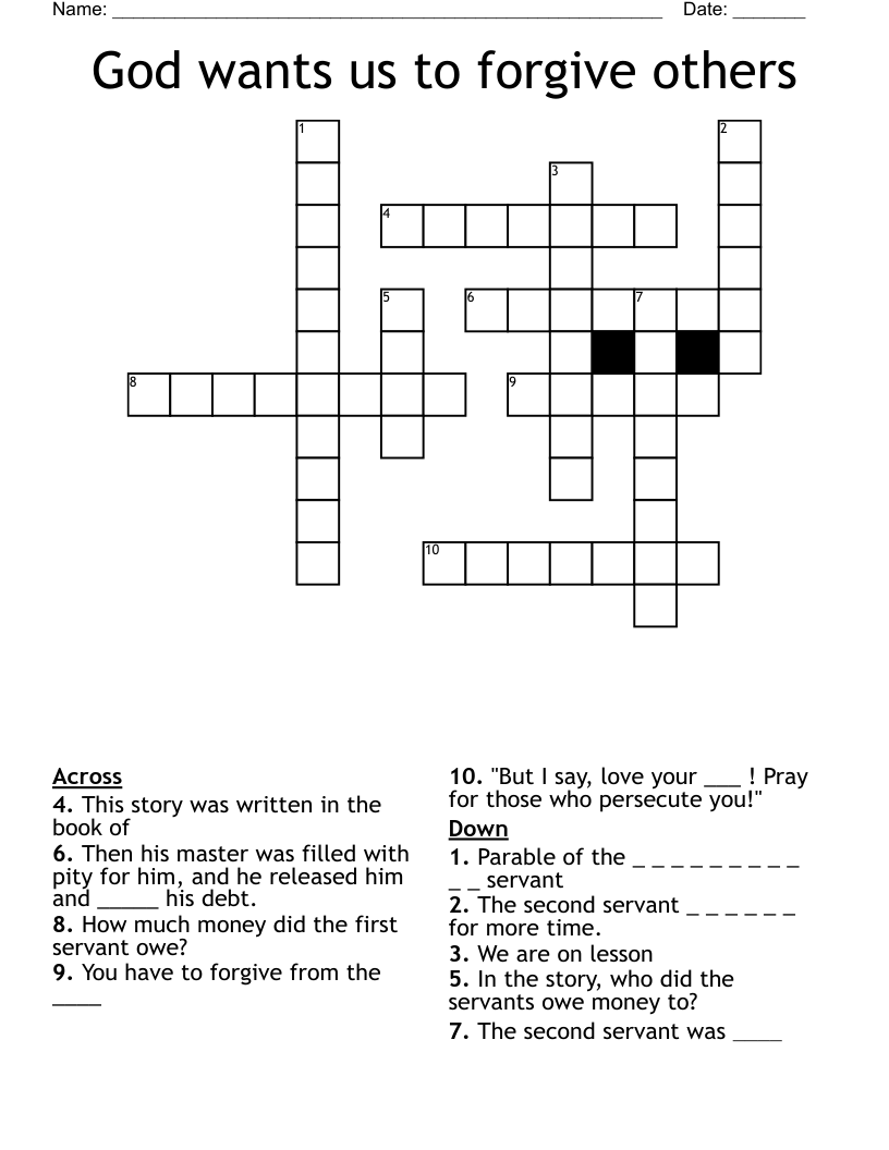 Printable Crossword Puzzles On Forgiveness