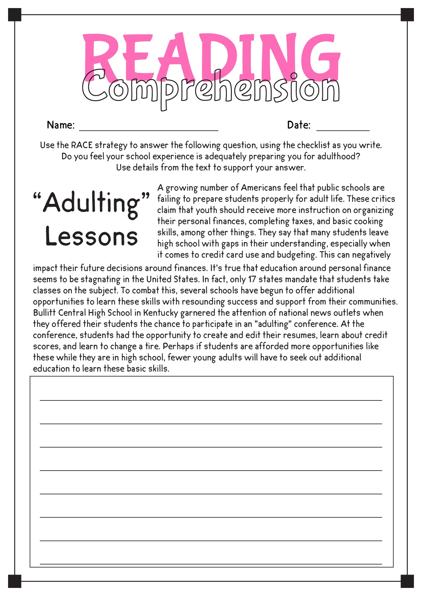 Free Printable 9th Grade Reading Worksheets