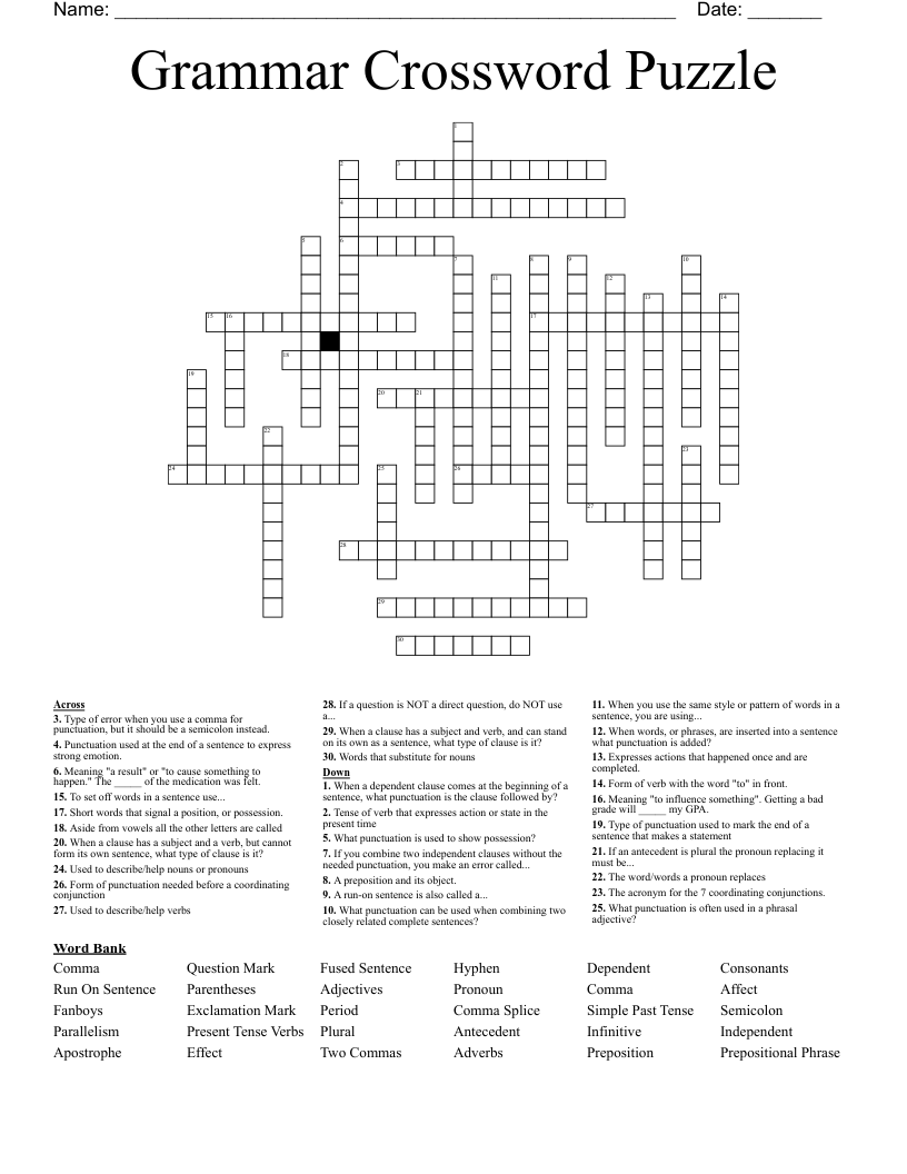 Grammar Crossword Puzzles Printable