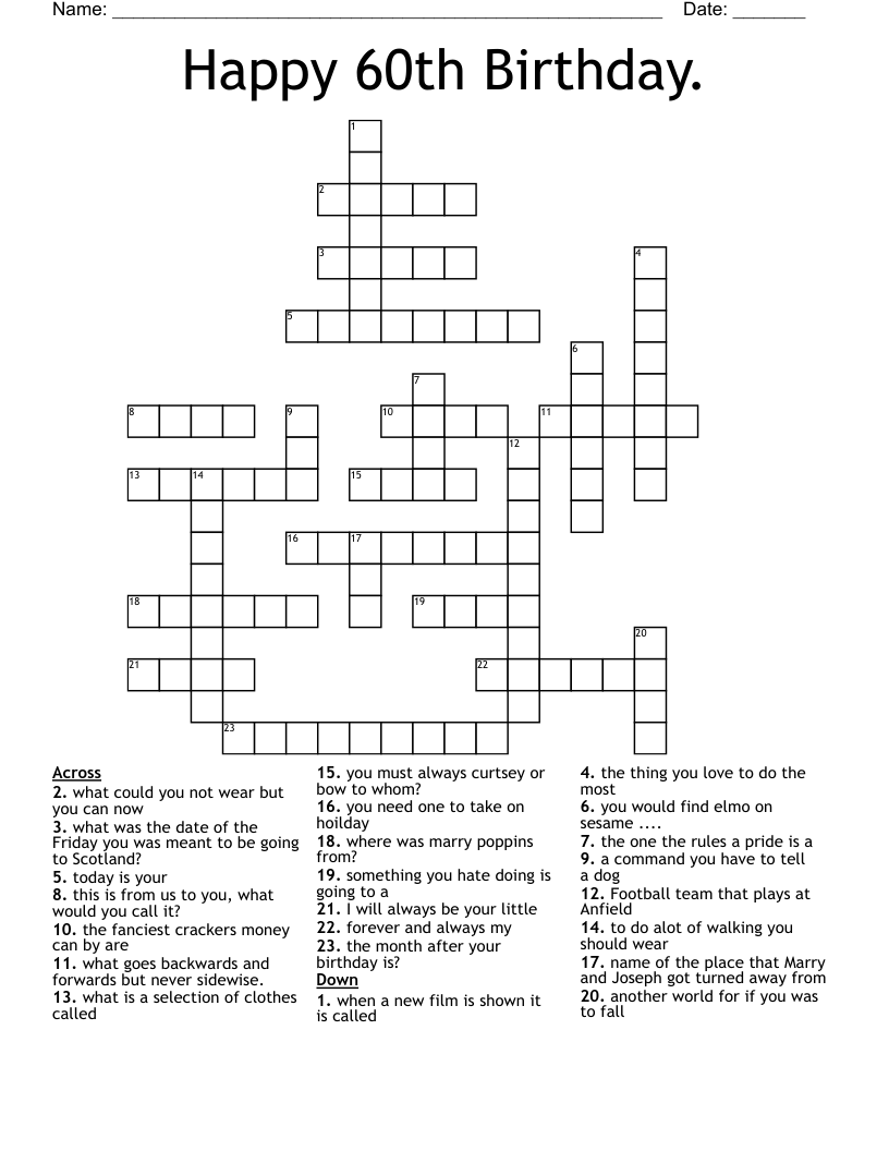 Happy 60th Birthday Crossword WordMint