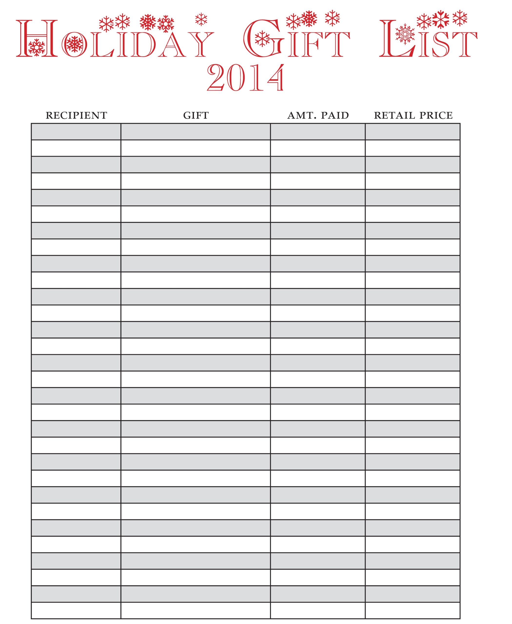 Free Printable Holiday List