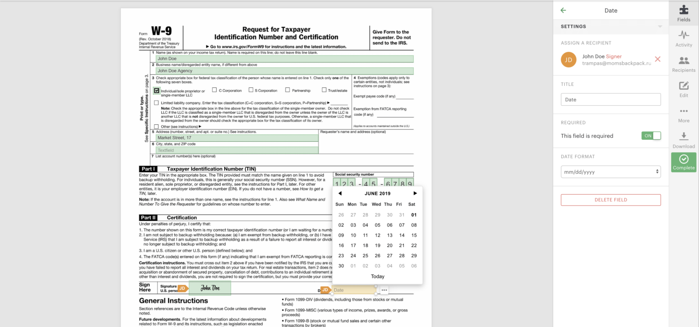 W9 Form Sign Online