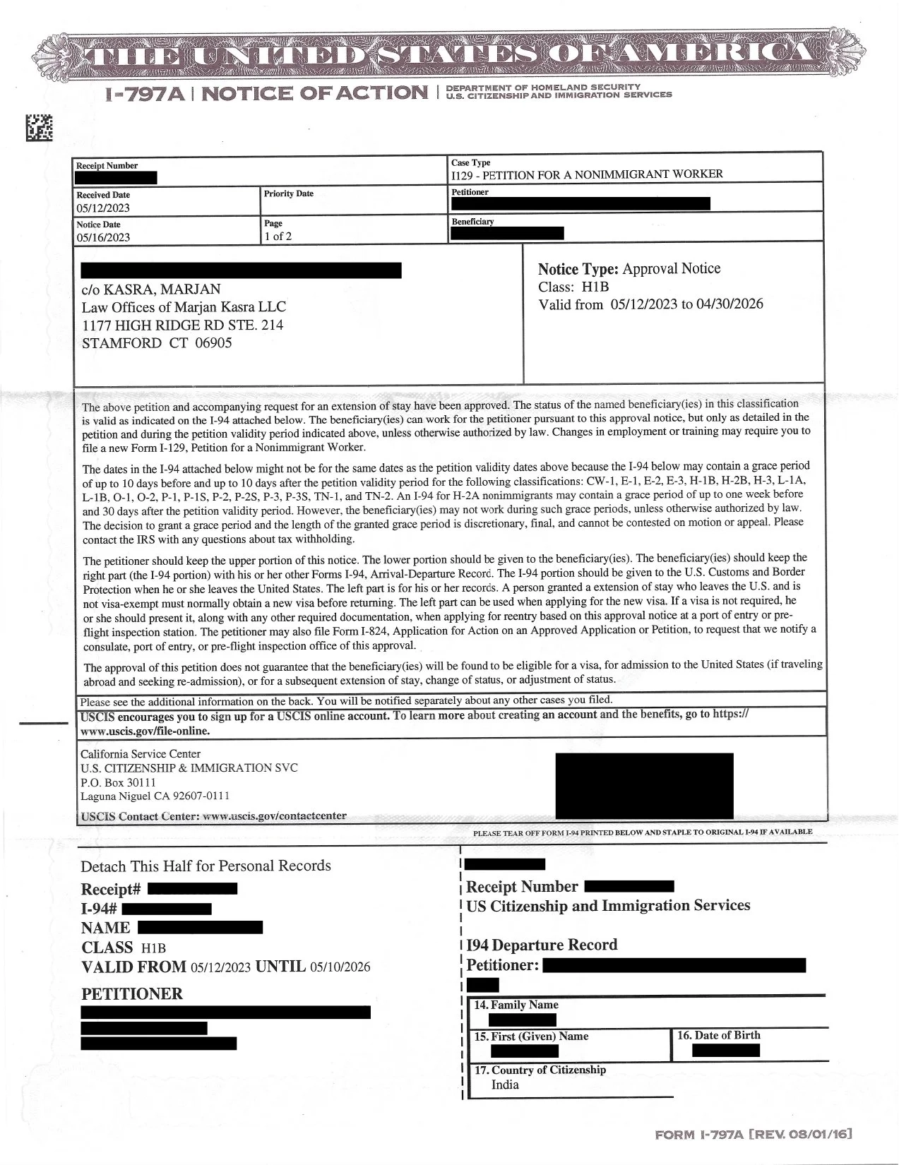 I 129 Petition For A Non Immigrant Worker H 1b Approval Notice 