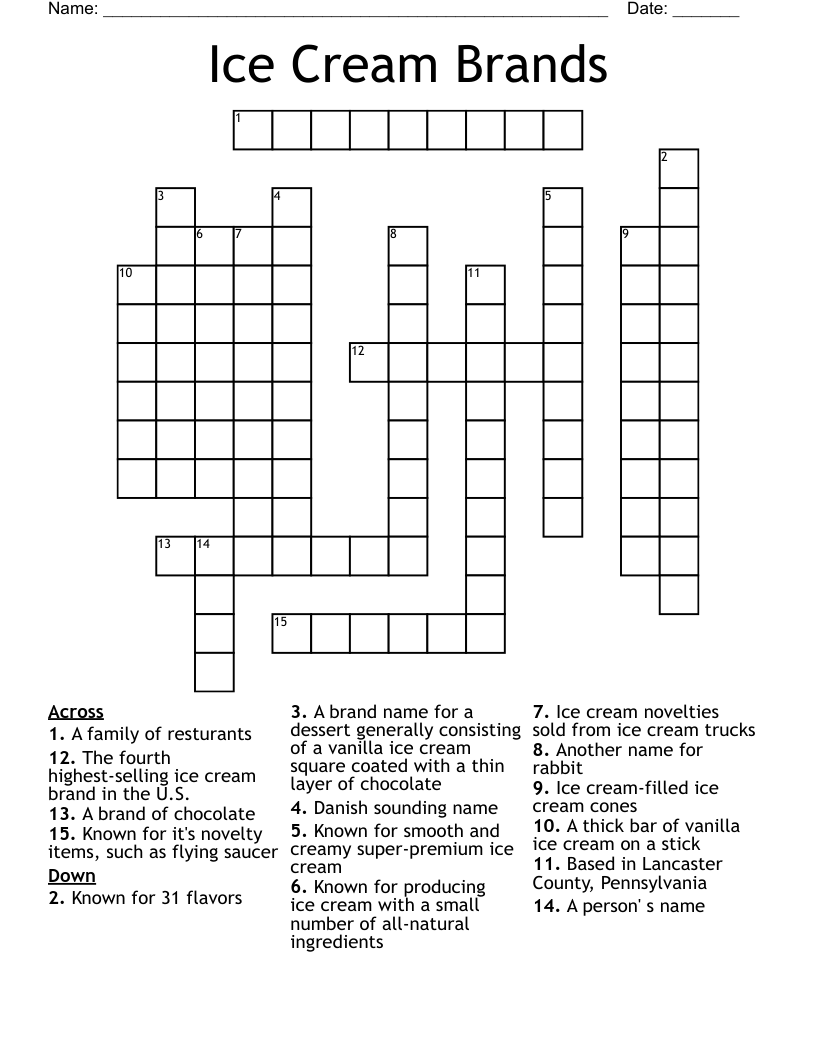 Crossword Puzzles Dessert Printables