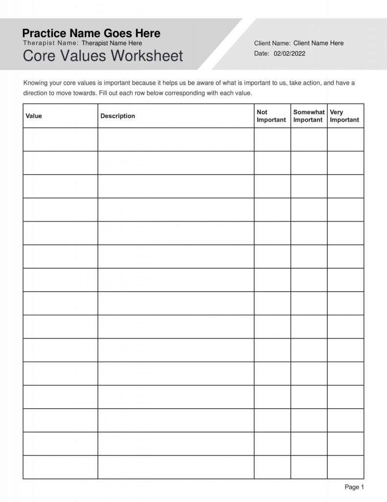 Identifying Core Values Worksheet Editable Fillable Printable 