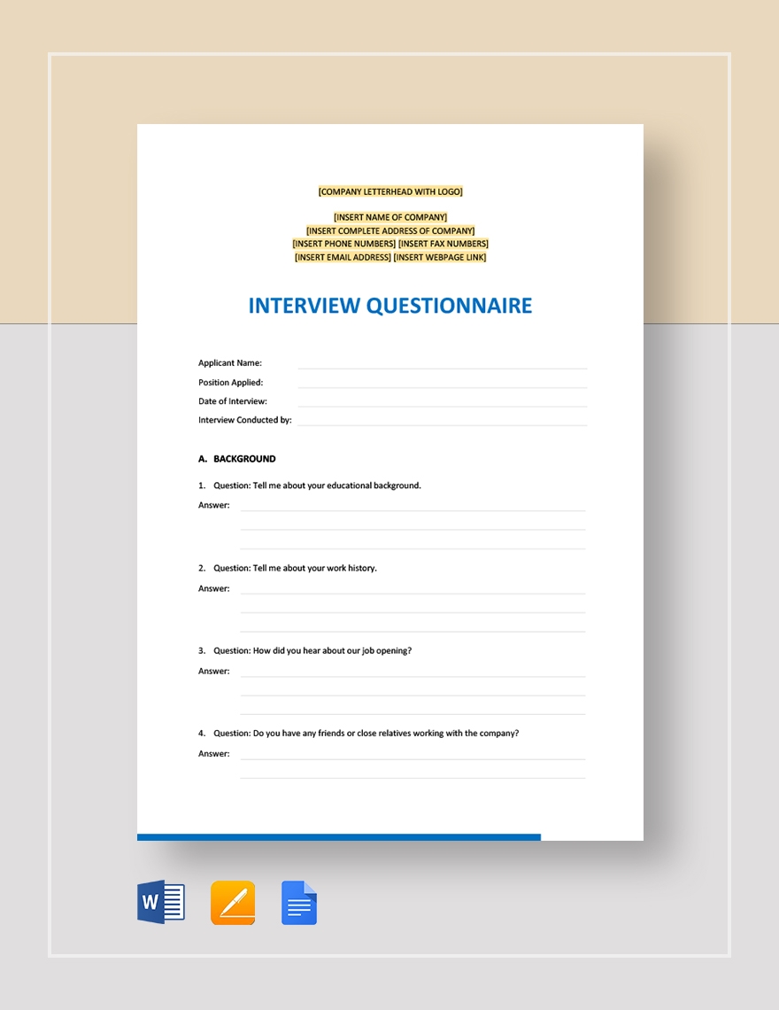 Interview Questionnaire Template In Pages Word Google Docs 