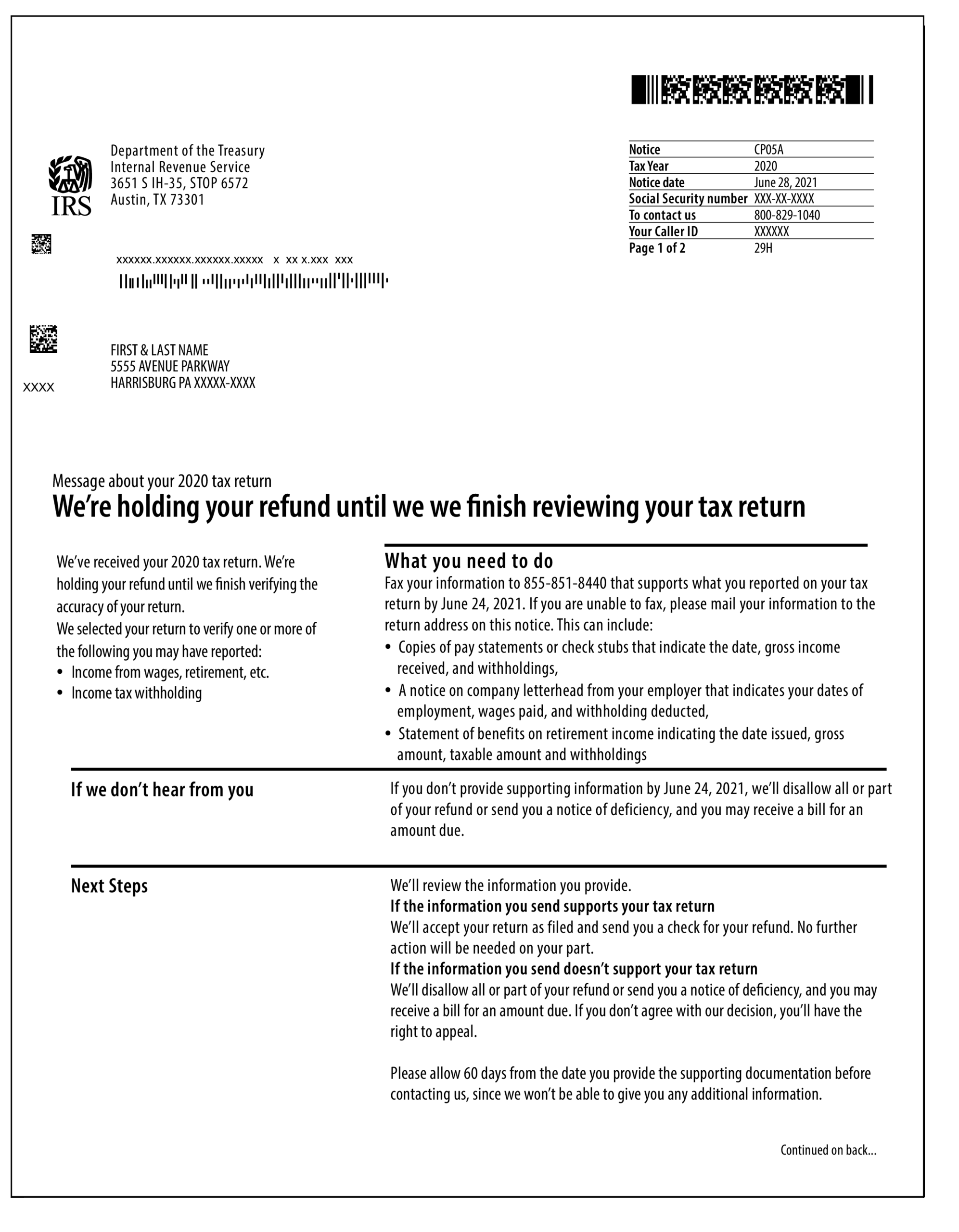 IRS Audit Letter CP05A Sample 1