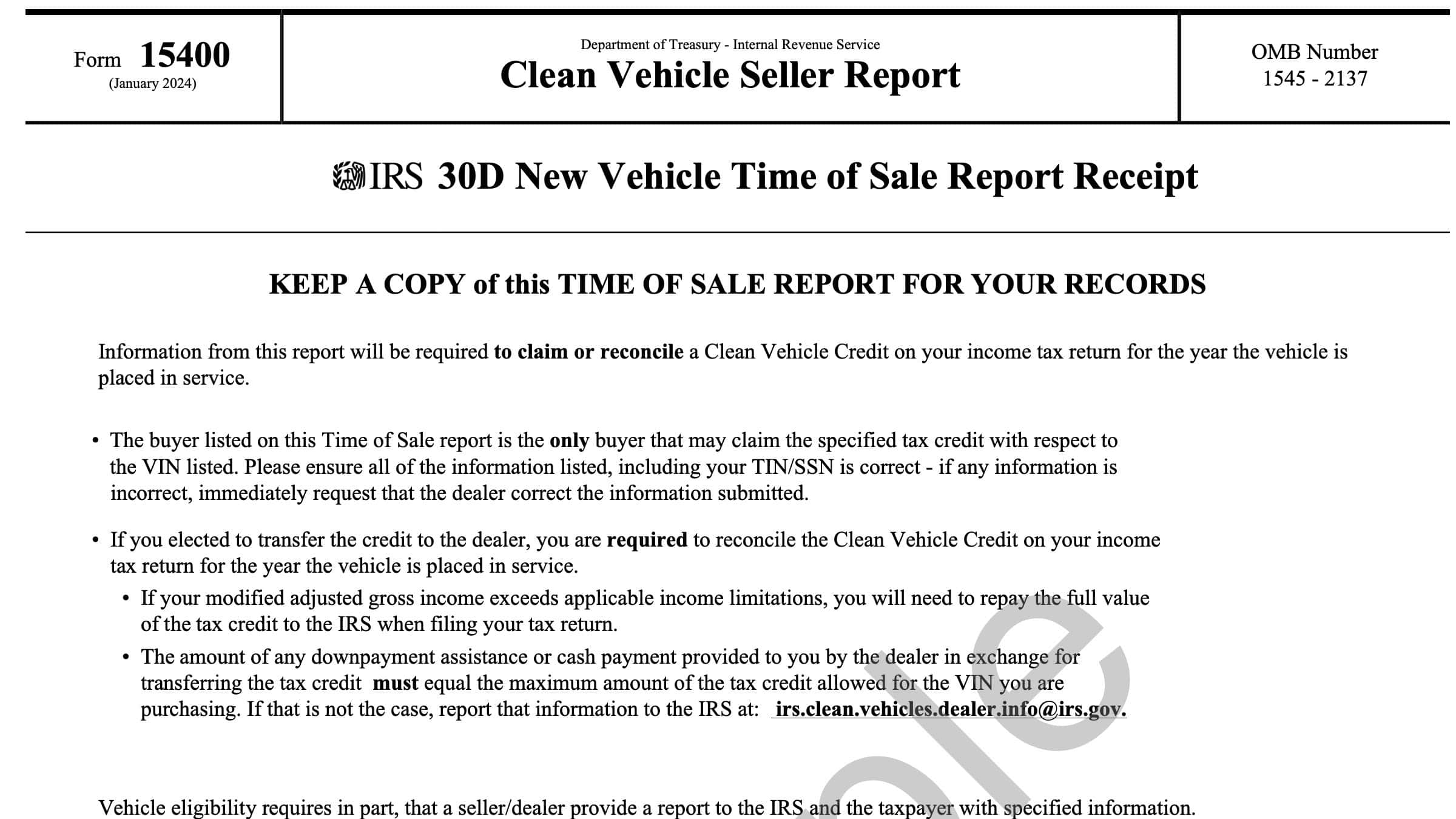 IRS Form 15400 Instructions Clean Vehicle Seller Report