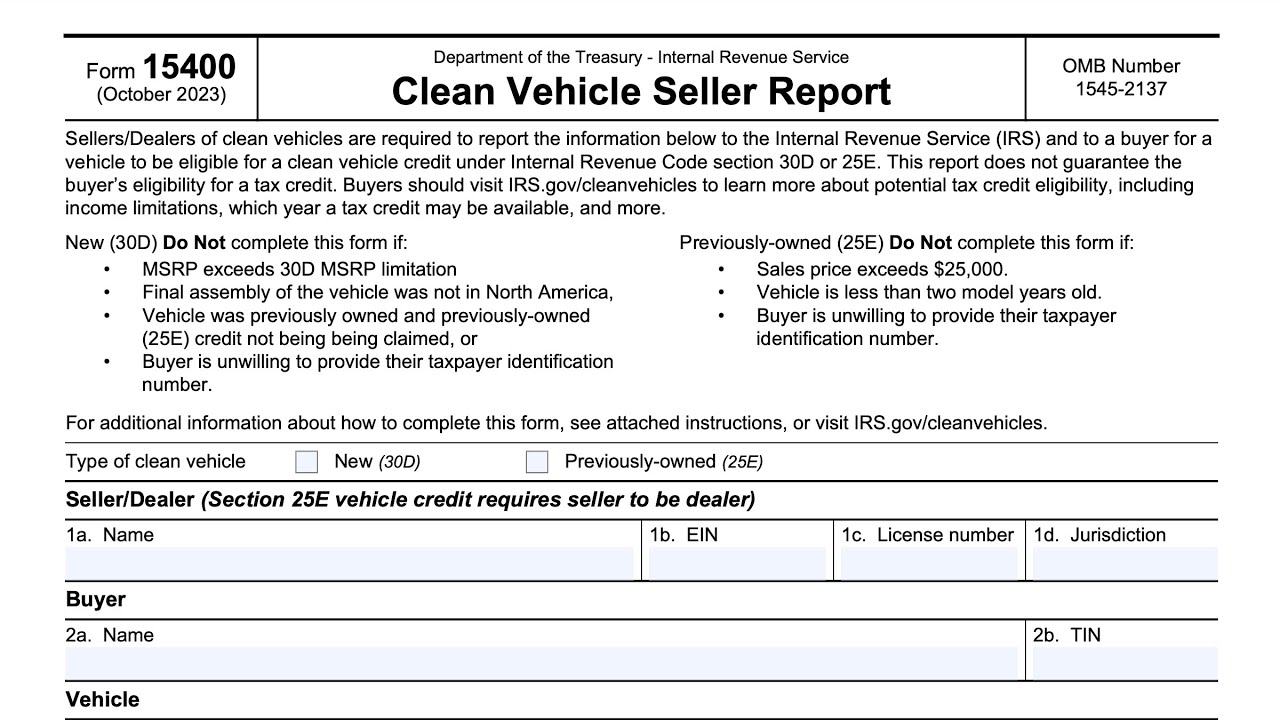 IRS Form 15400 Walkthrough Clean Vehicle Seller s Report 
