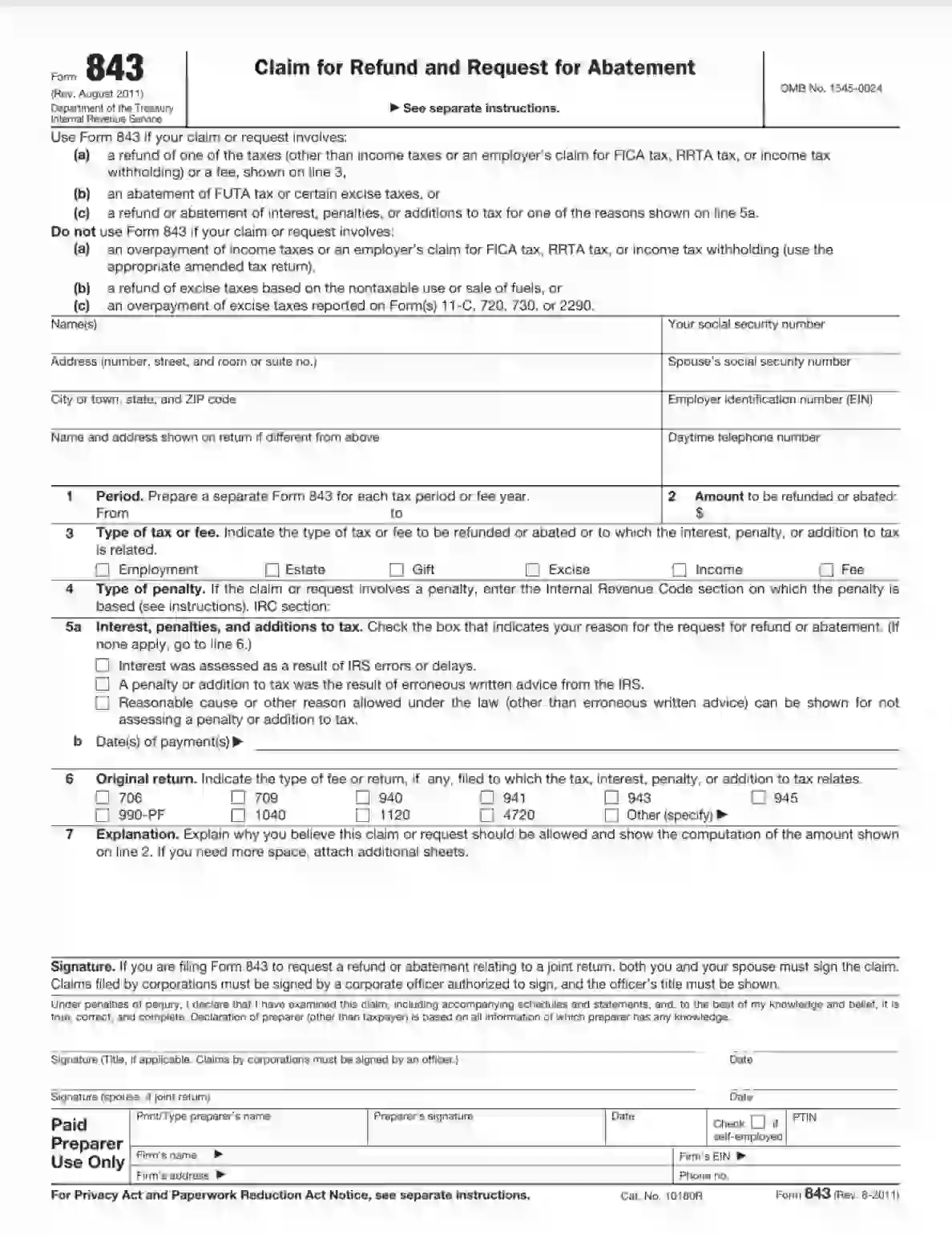 IRS Form 843 Fill Out Printable PDF Forms Online