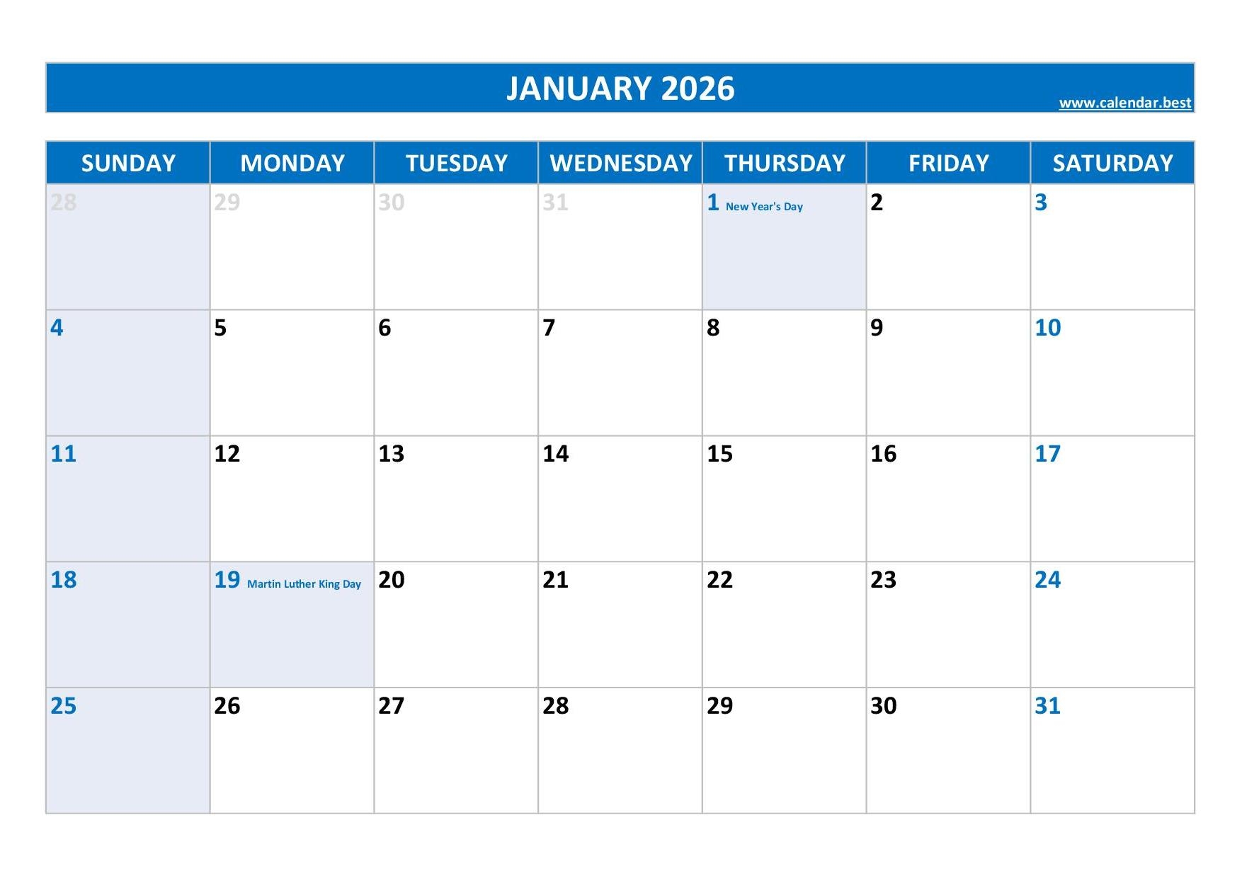 Jan 2026 Calendar With Holidays Printable