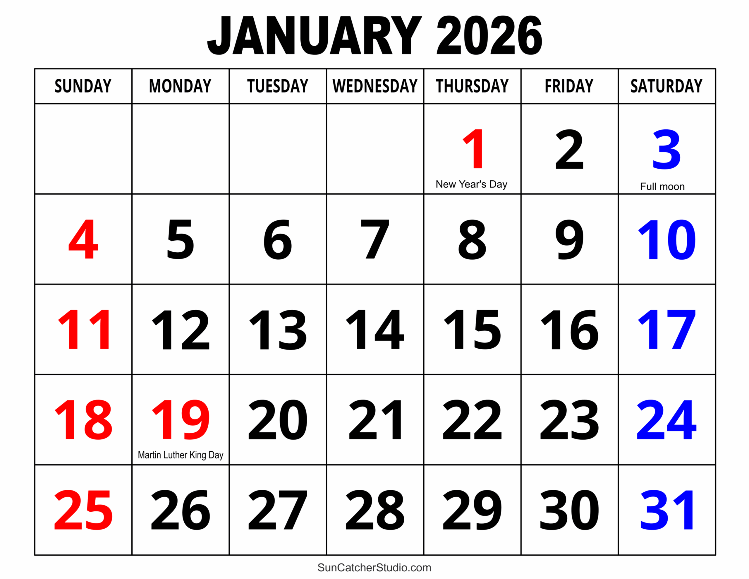 Printable January Calendar 2026