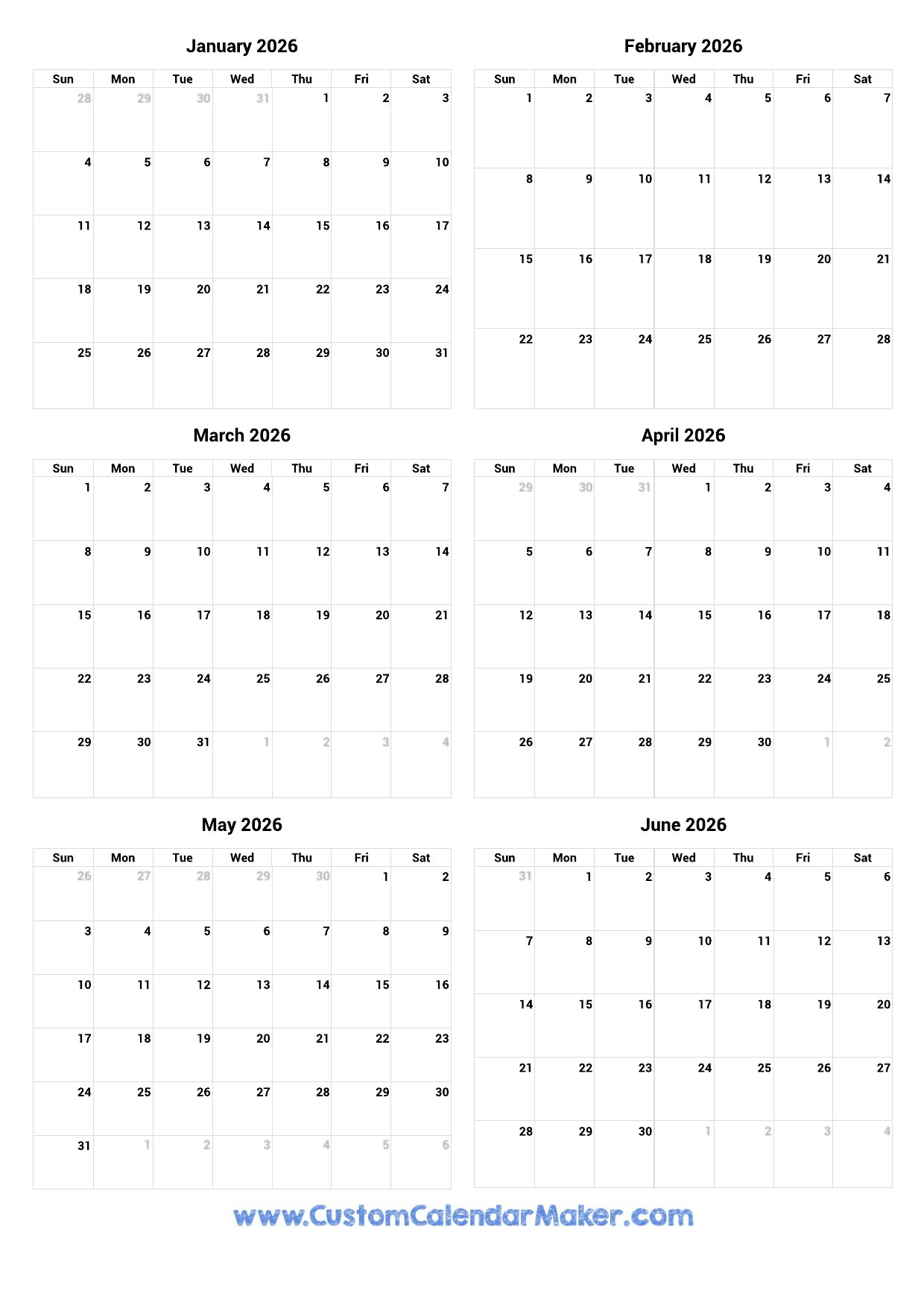Printable 6 Month Calendar 2026