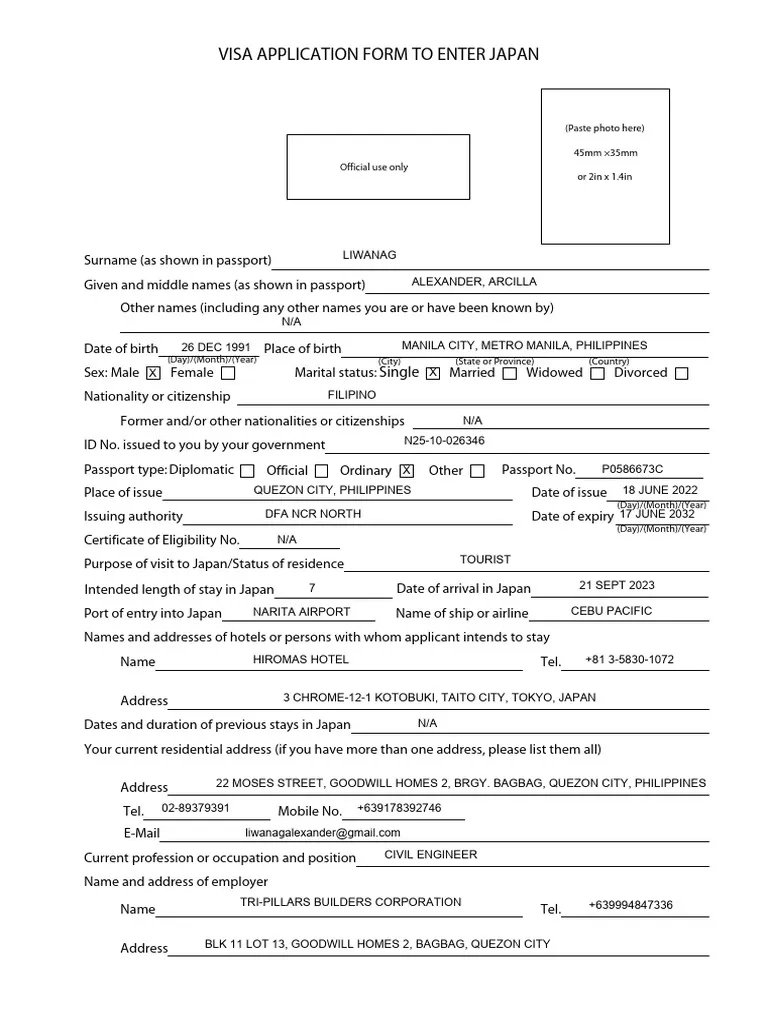 Japan Visa Application Form PDF Travel Visa Passport