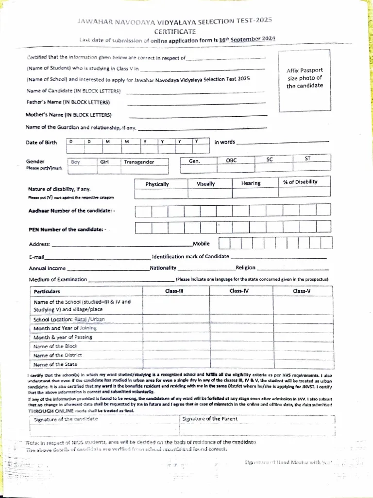 Navodaya Online Form Apply Class 9 2026