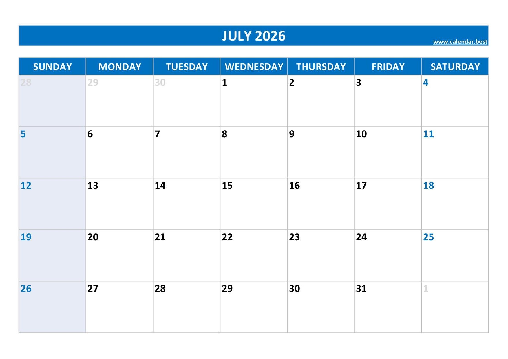July 2026 Calendar Printable Free