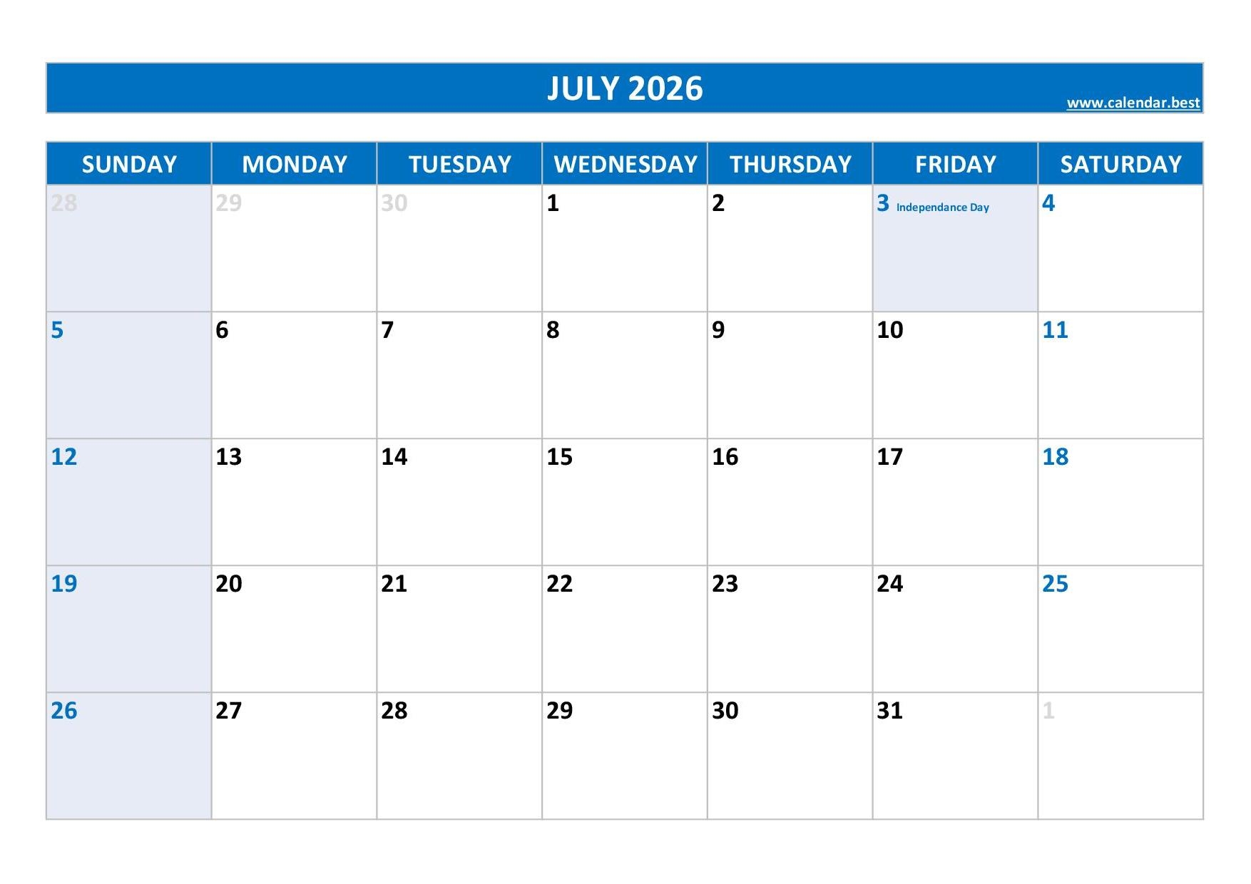 Printable Blank Calendar July 2026