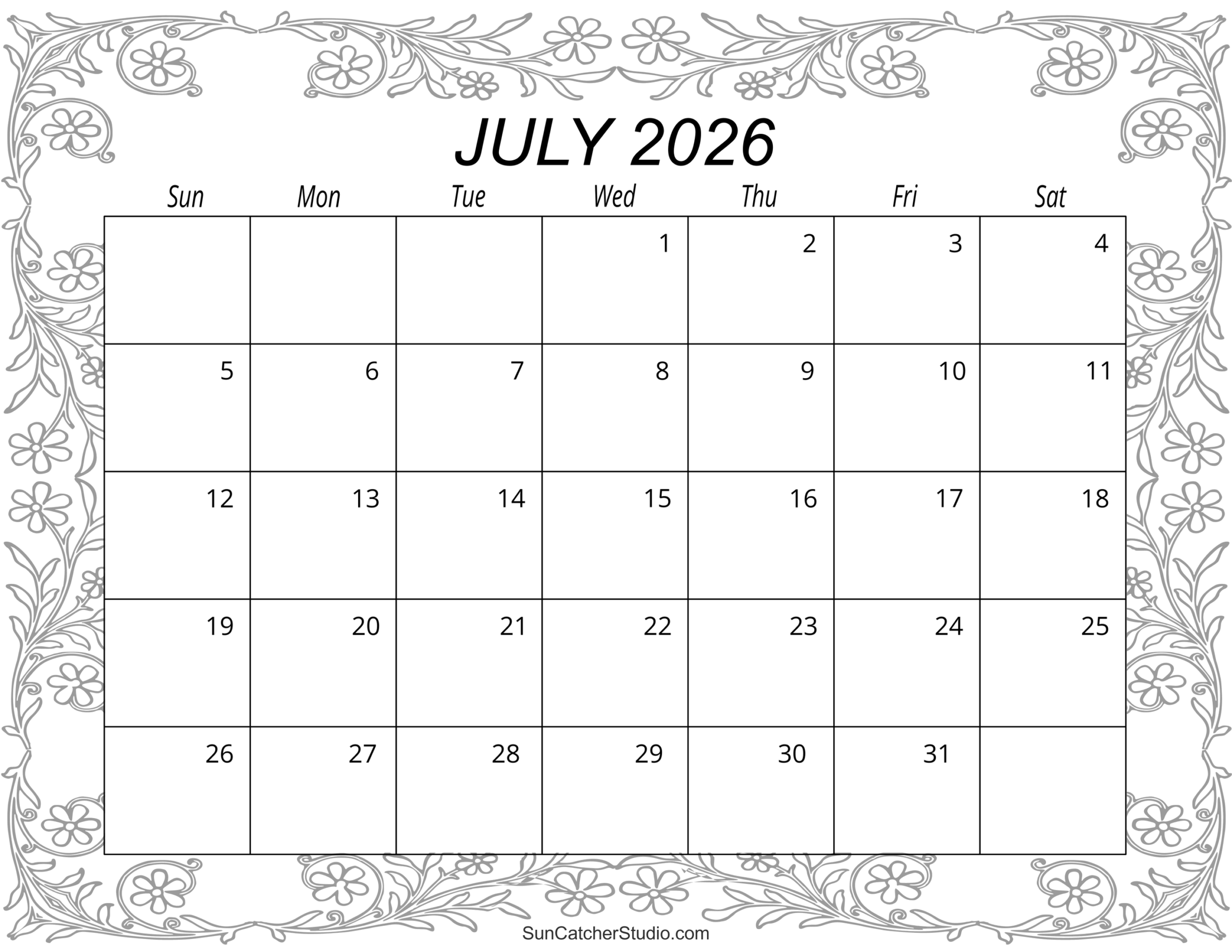 Blank Printable Calendar 2026 July