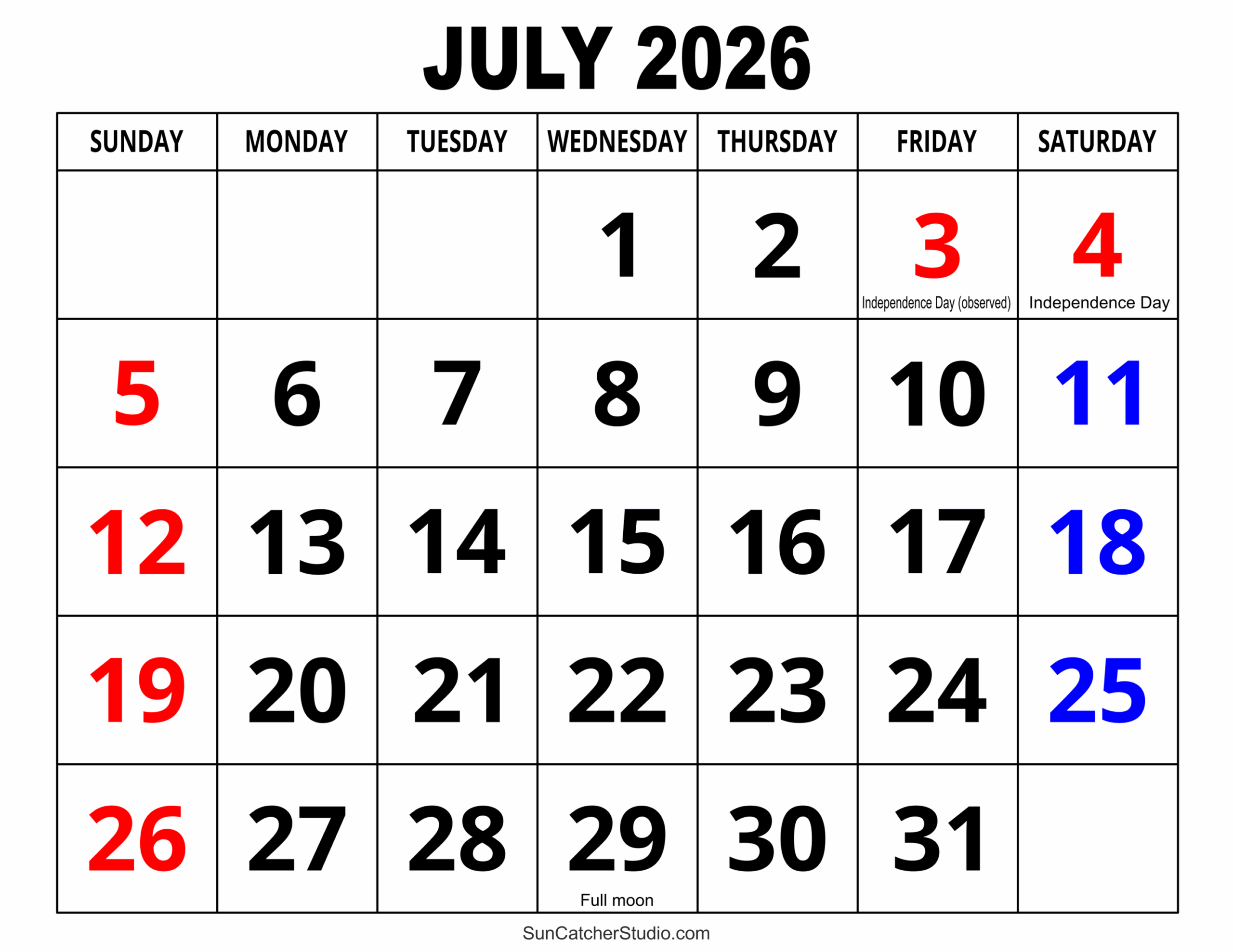July 2026 Printable Calendar