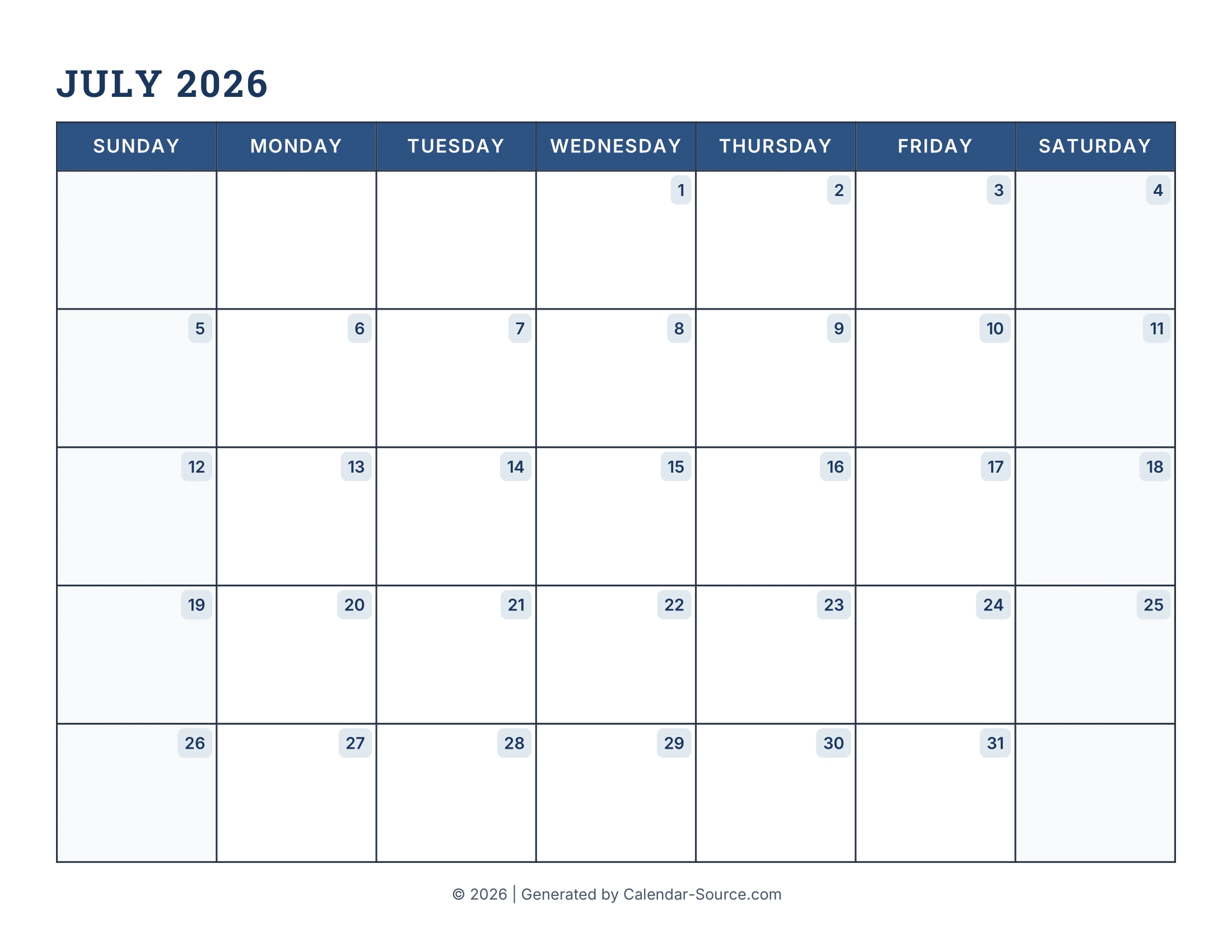 Blank July Calendar Printable 2026 Editable