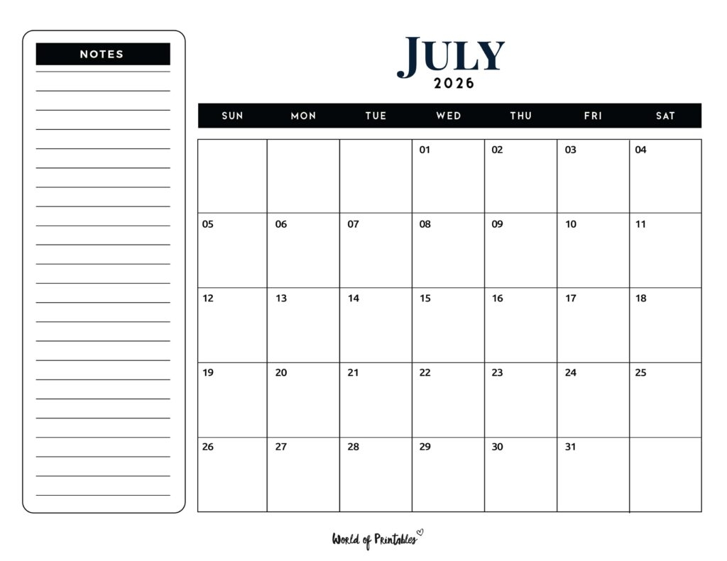 July Blank Calendar 2026 Template
