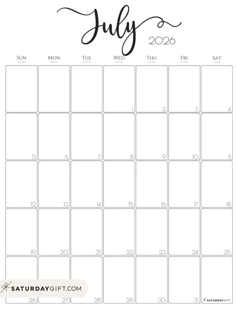 July 2026 Calendars 23 Cute Free Printable PDFs By SaturdayGift
