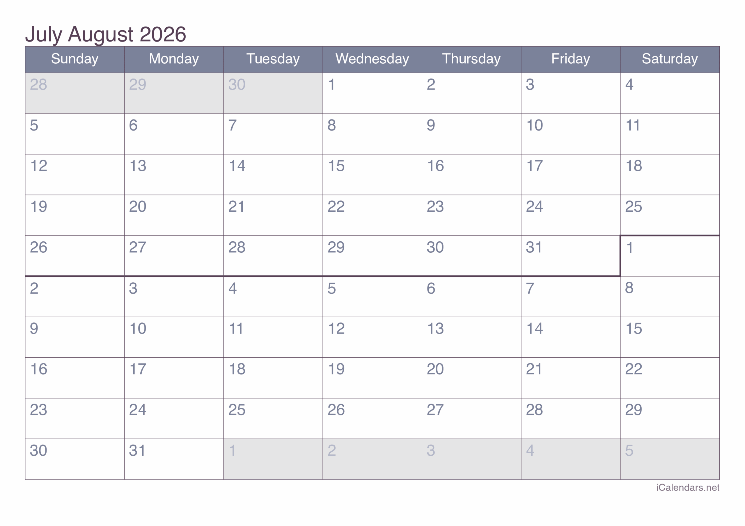 Printable Blank July And August 2026 Calendar