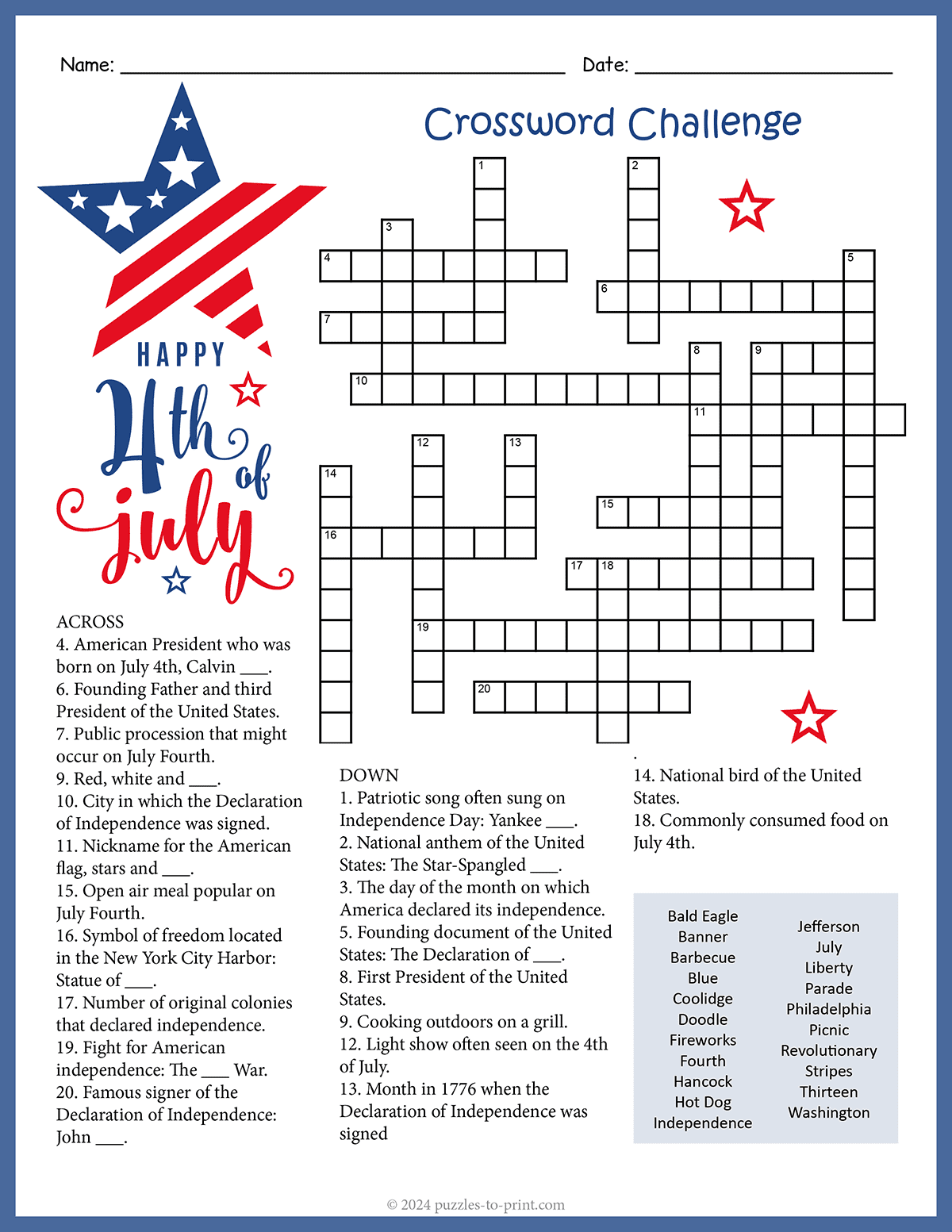 Holiday Info Crossword Printable