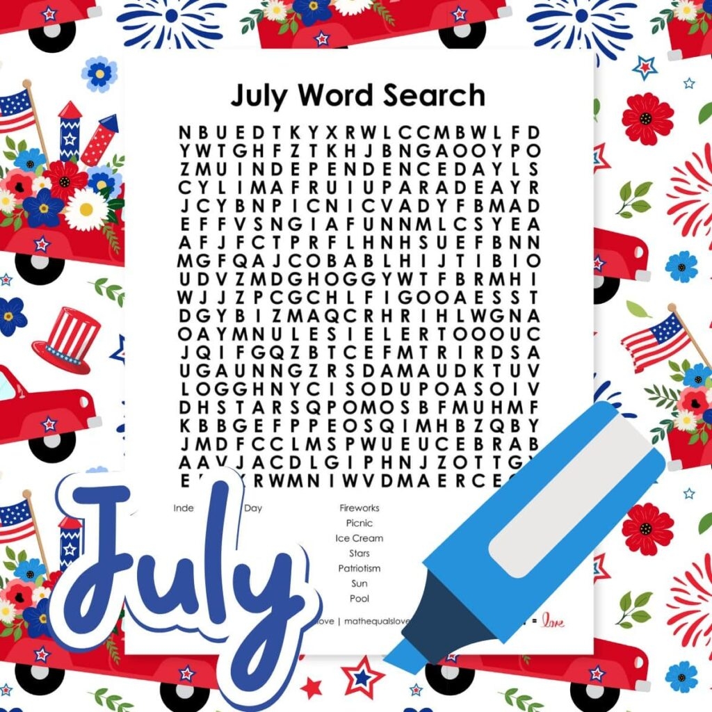 Free Printable July Word Search Puzzles