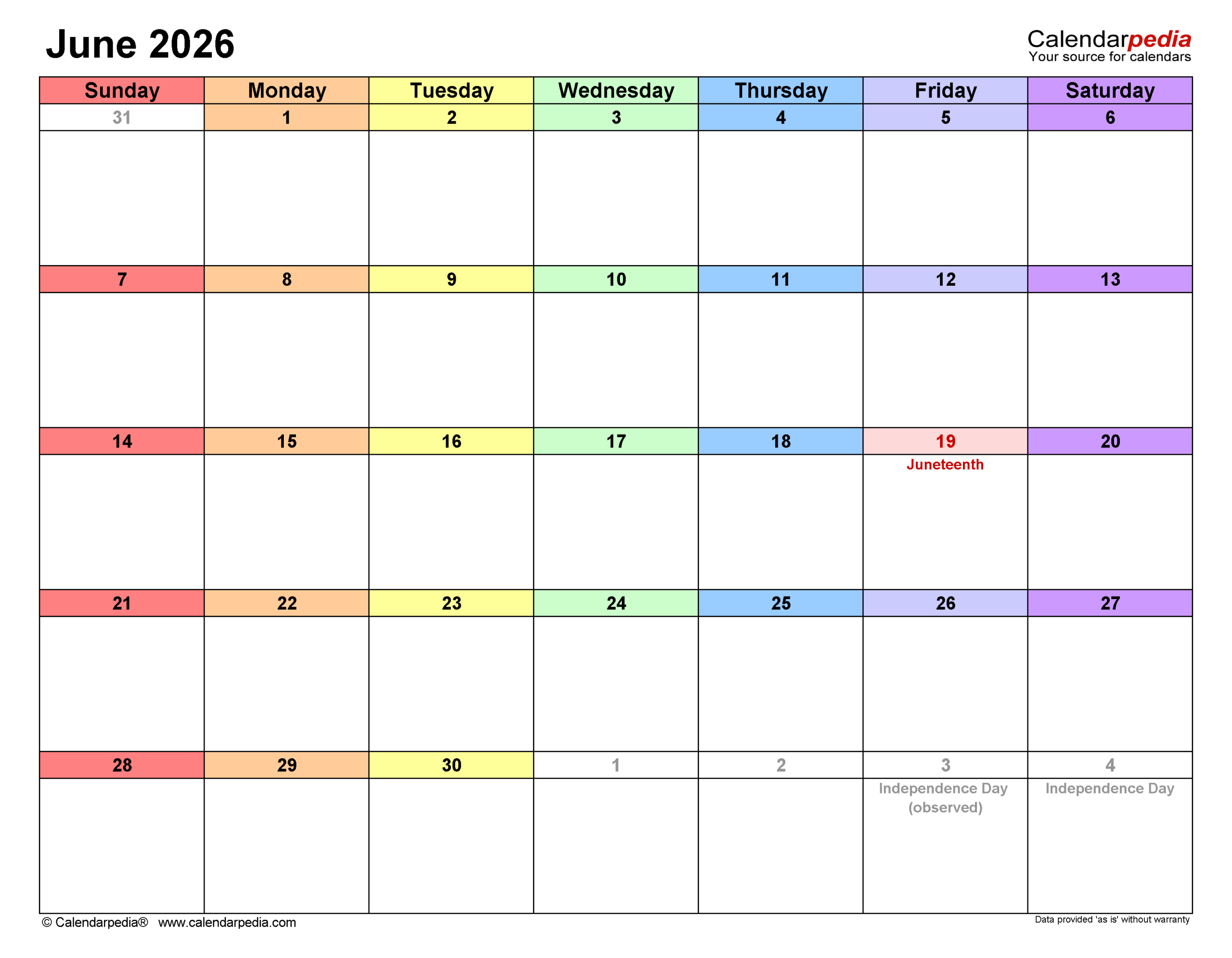 Blank June Calendar 2026 Landscape